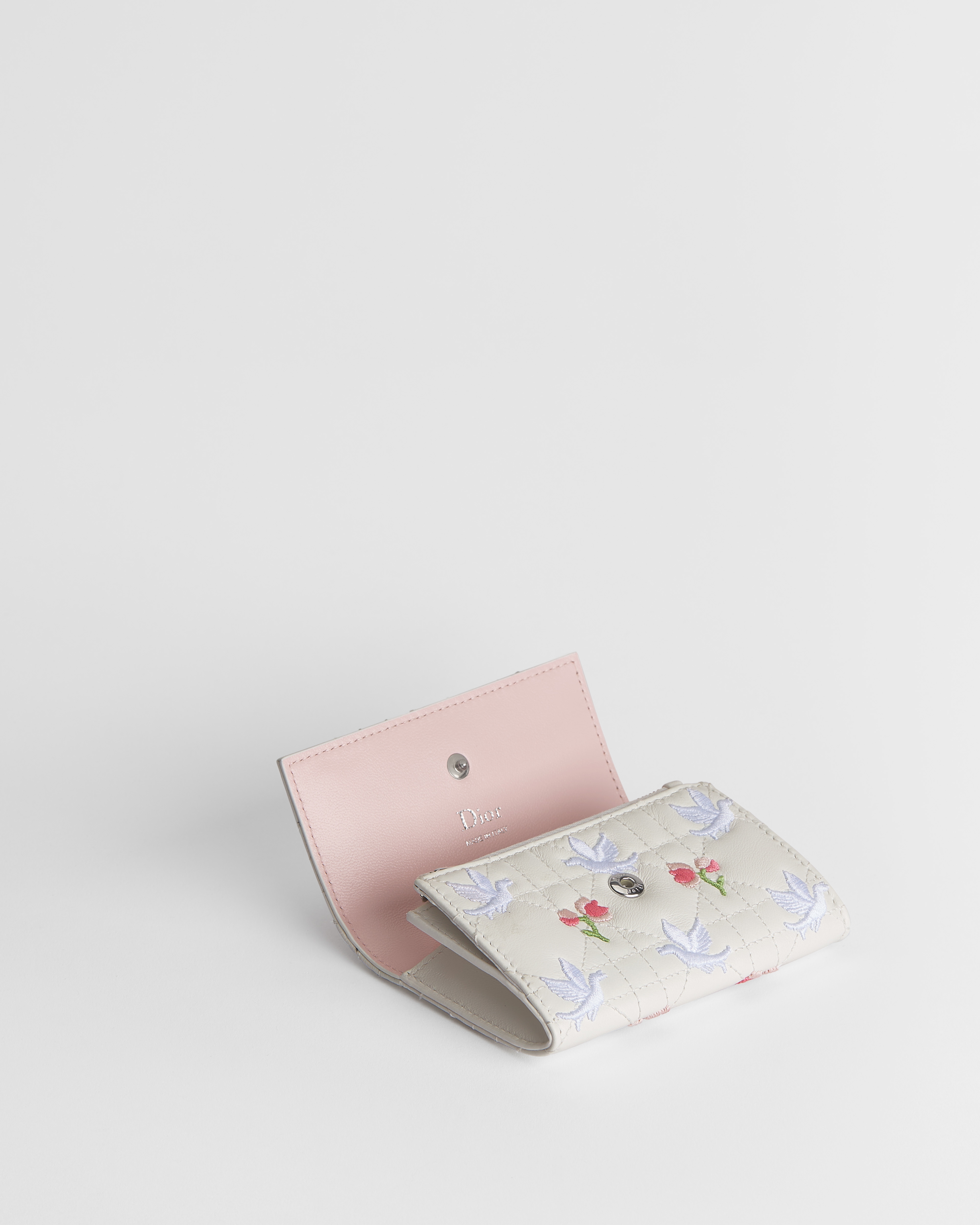 Dioramour My Dior Glycine Wallet White Cannage Lambskin Embroidered with Multicolor Doves & Roses Motif E06