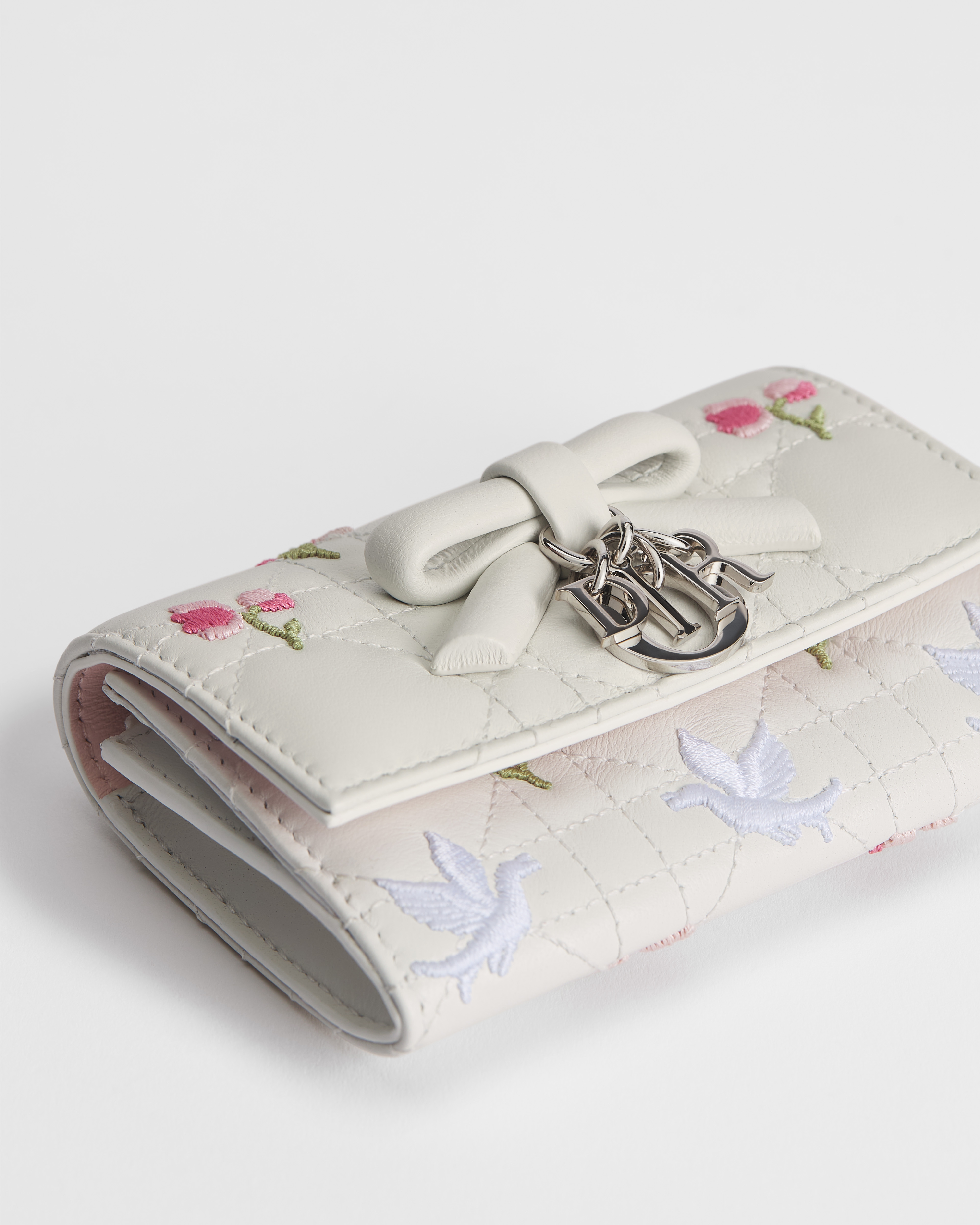 Dioramour My Dior Glycine Wallet White Cannage Lambskin Embroidered with Multicolor Doves & Roses Motif E09
