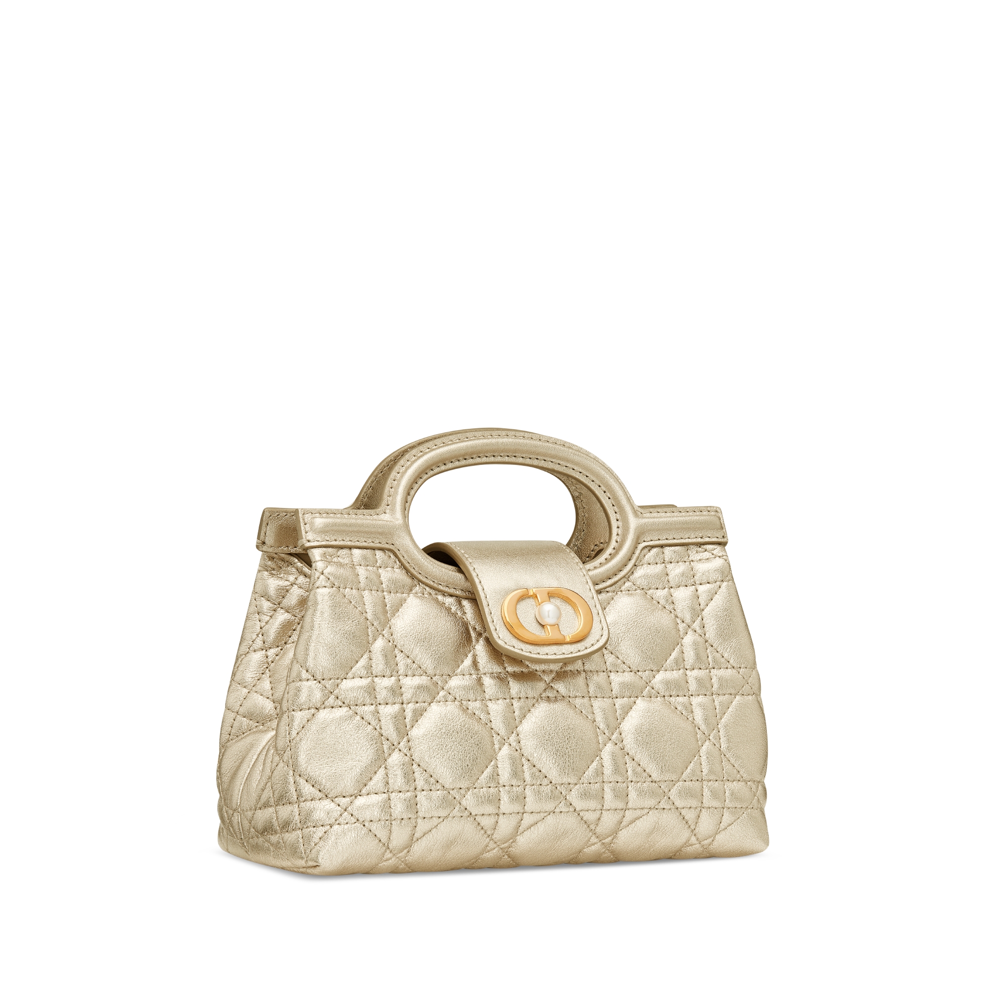 Dior Jolie 탑 핸들 미니 백 메탈릭 골드 톤 까나쥬 송아지 가죽 E03