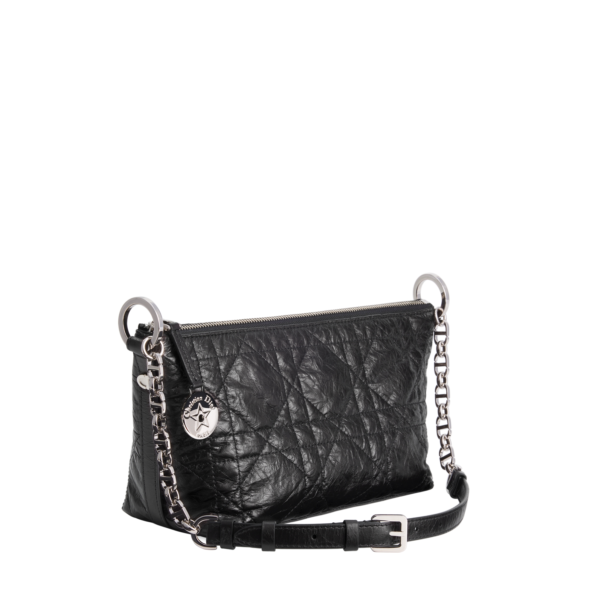 Diorstar Hobo Bag with Chain Black Macrocannage Crinkled Calfskin E02