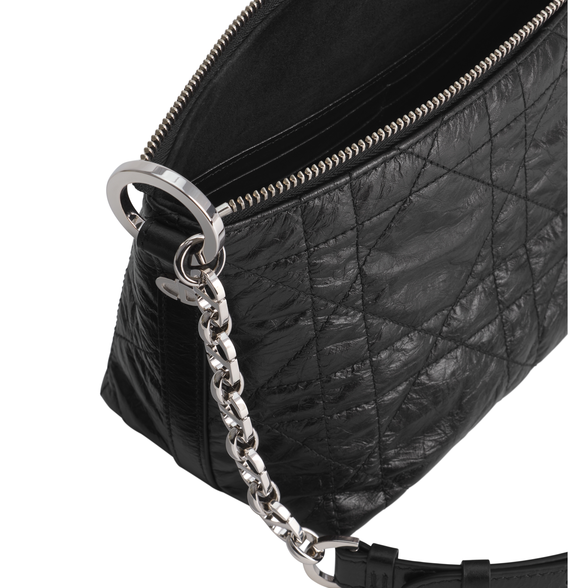 Diorstar Hobo Bag with Chain Black Macrocannage Crinkled Calfskin E06