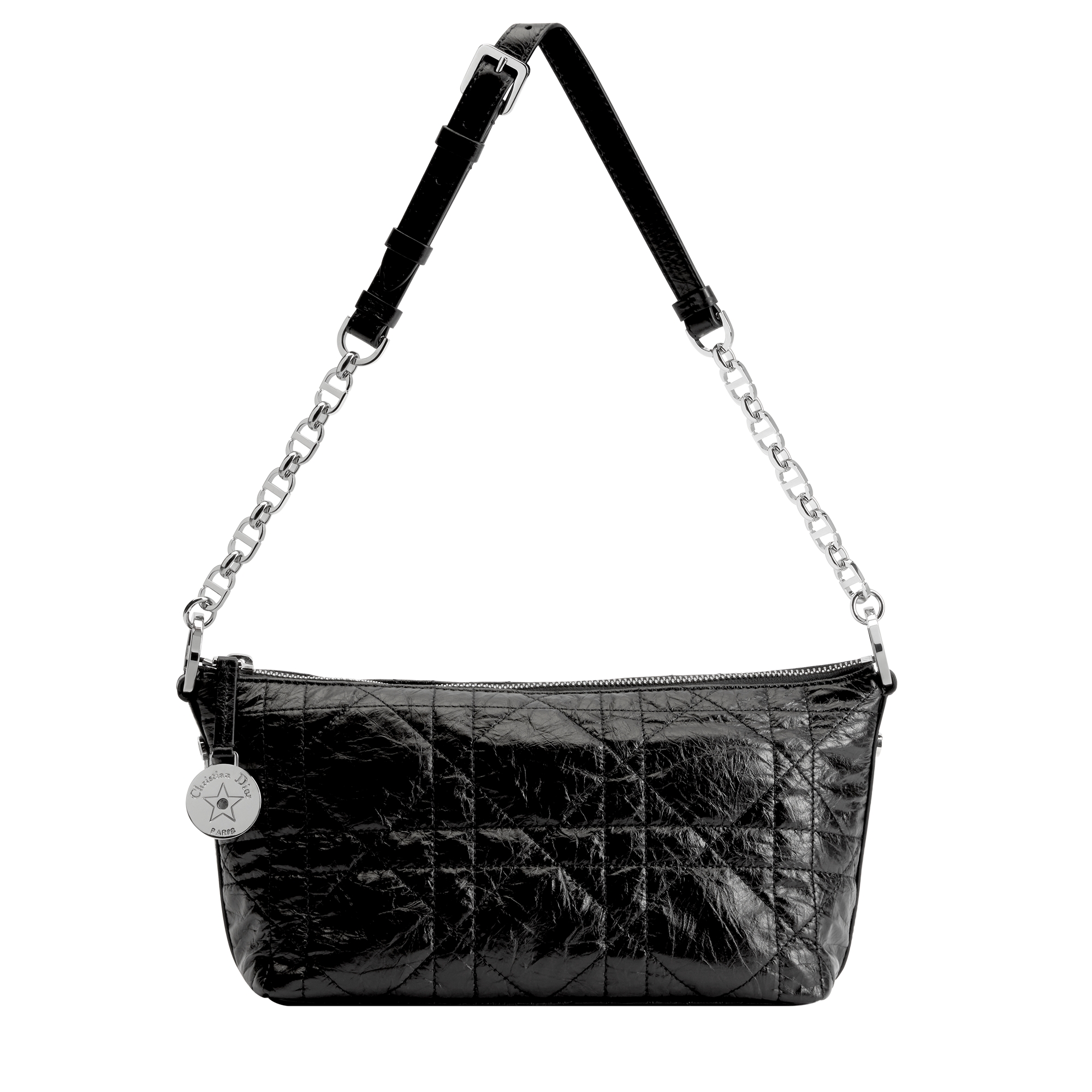 Diorstar Hobo Bag with Chain Black Macrocannage Crinkled Calfskin E07