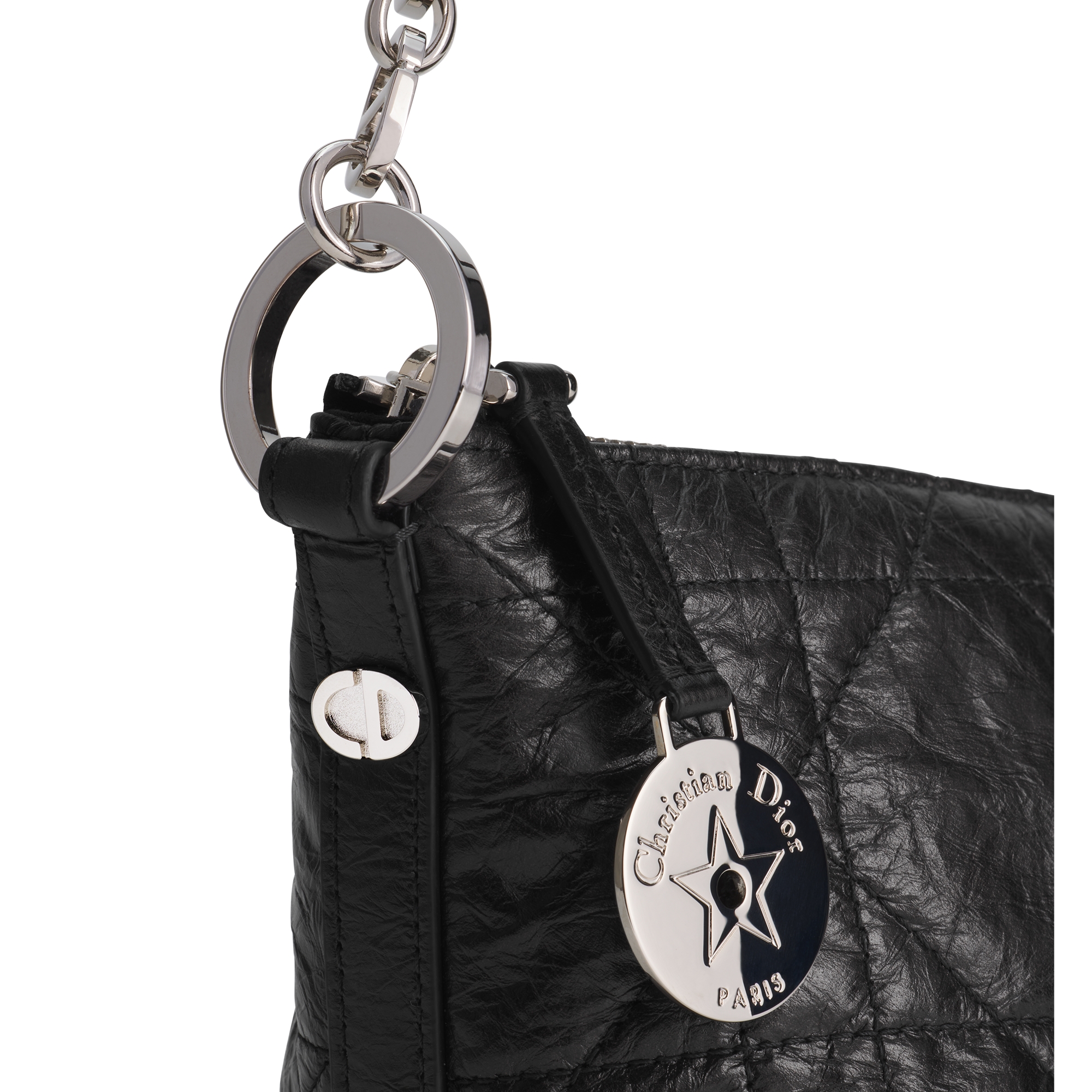 Diorstar Hobo Bag with Chain Black Macrocannage Crinkled Calfskin E10
