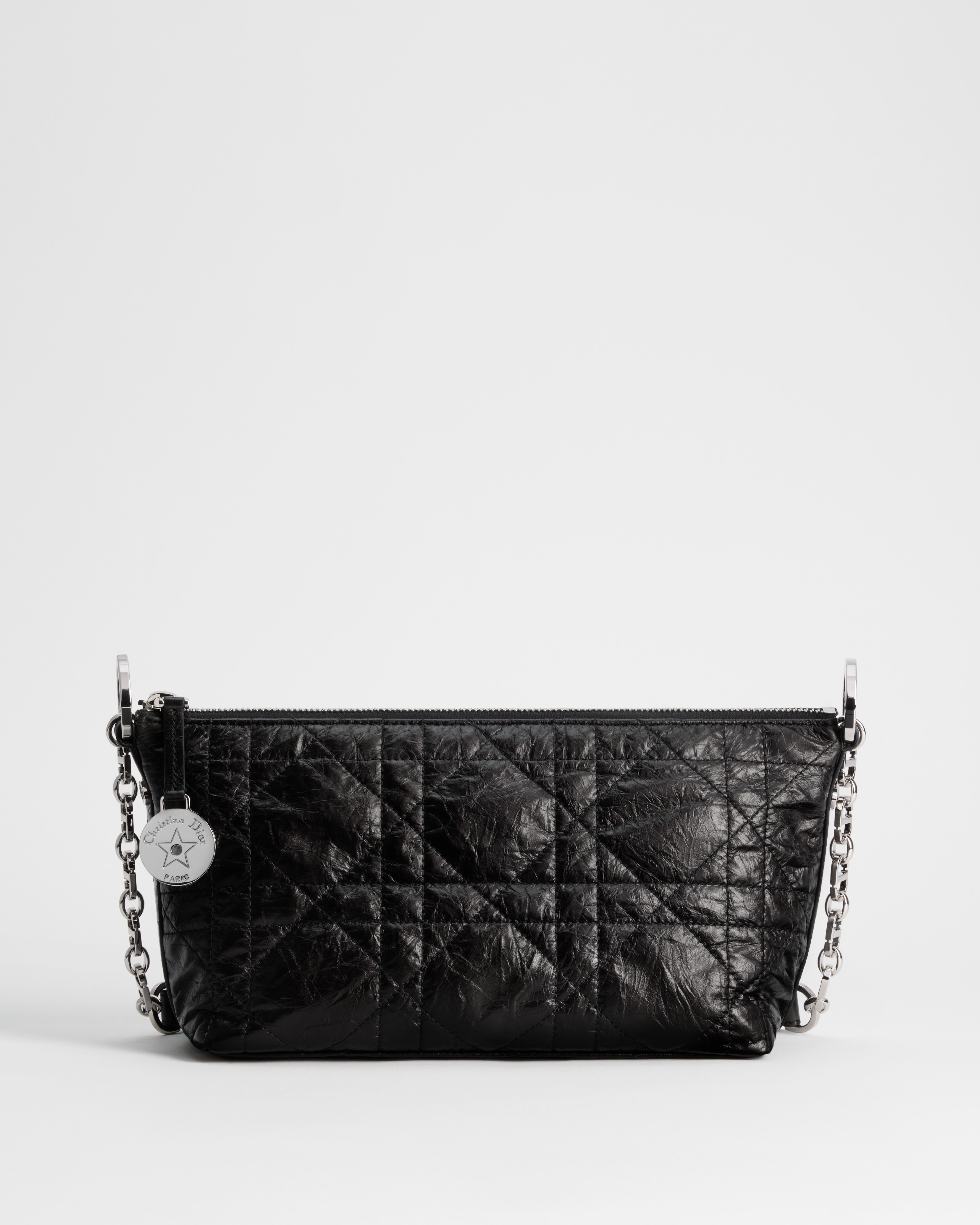 Diorstar Hobo Bag with Chain Black Macrocannage Crinkled Calfskin E01
