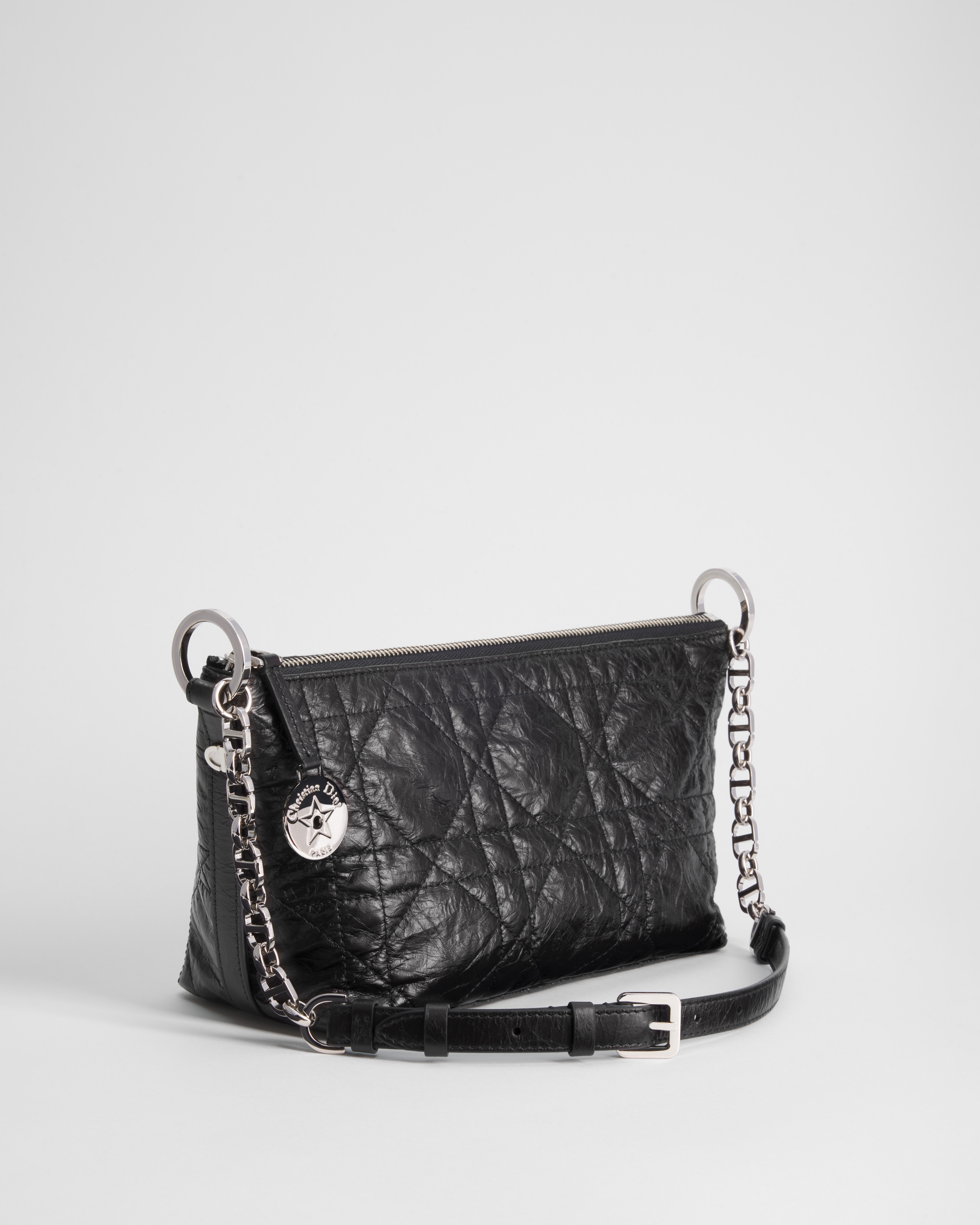 Diorstar Hobo Bag with Chain Black Macrocannage Crinkled Calfskin E02