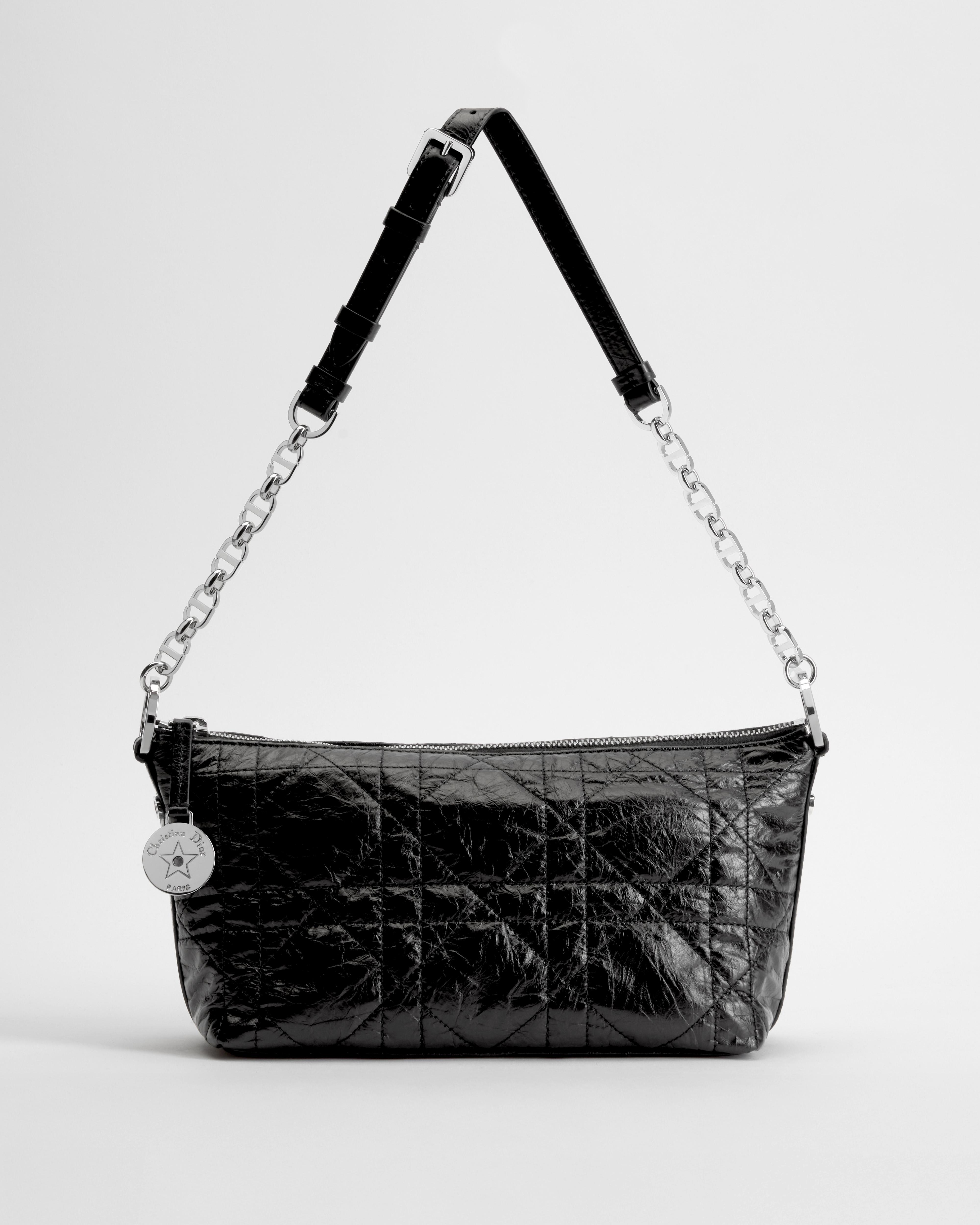 Diorstar Hobo Bag with Chain Black Macrocannage Crinkled Calfskin E07