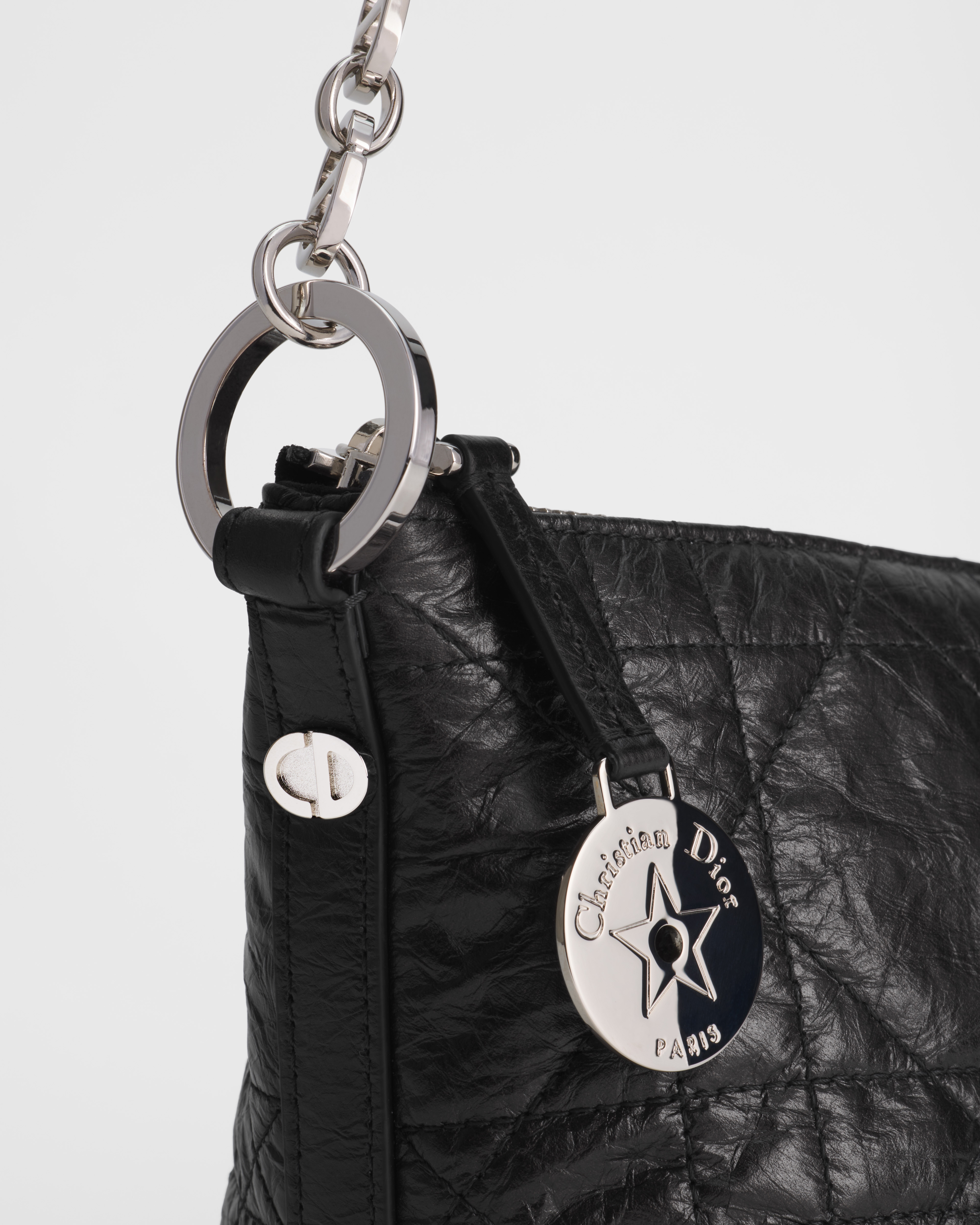 Diorstar Hobo Bag with Chain Black Macrocannage Crinkled Calfskin E10