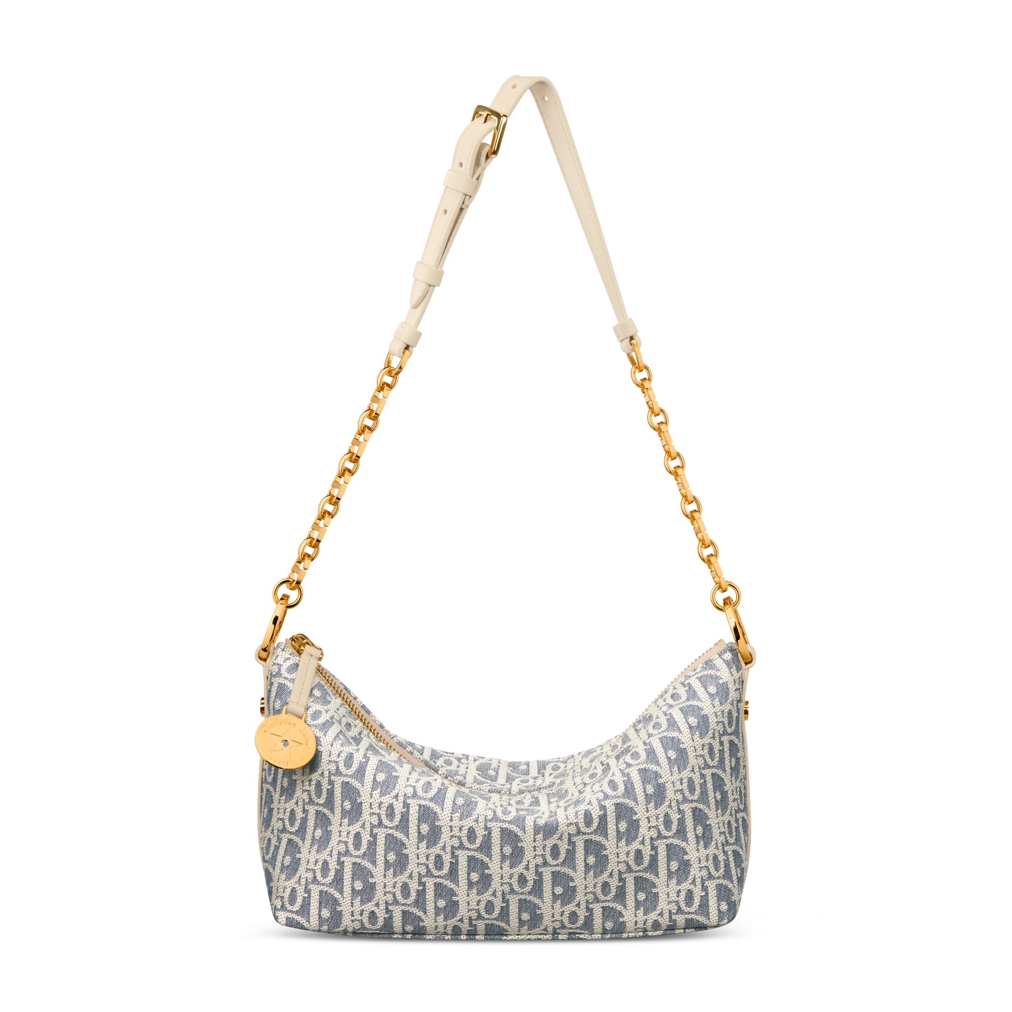 Sac hobo Diorstar à chaîne Tissu Chambray avec effet raphia Dior Oblique bleu et cuir de veau lisse couleur biscuit clair E07