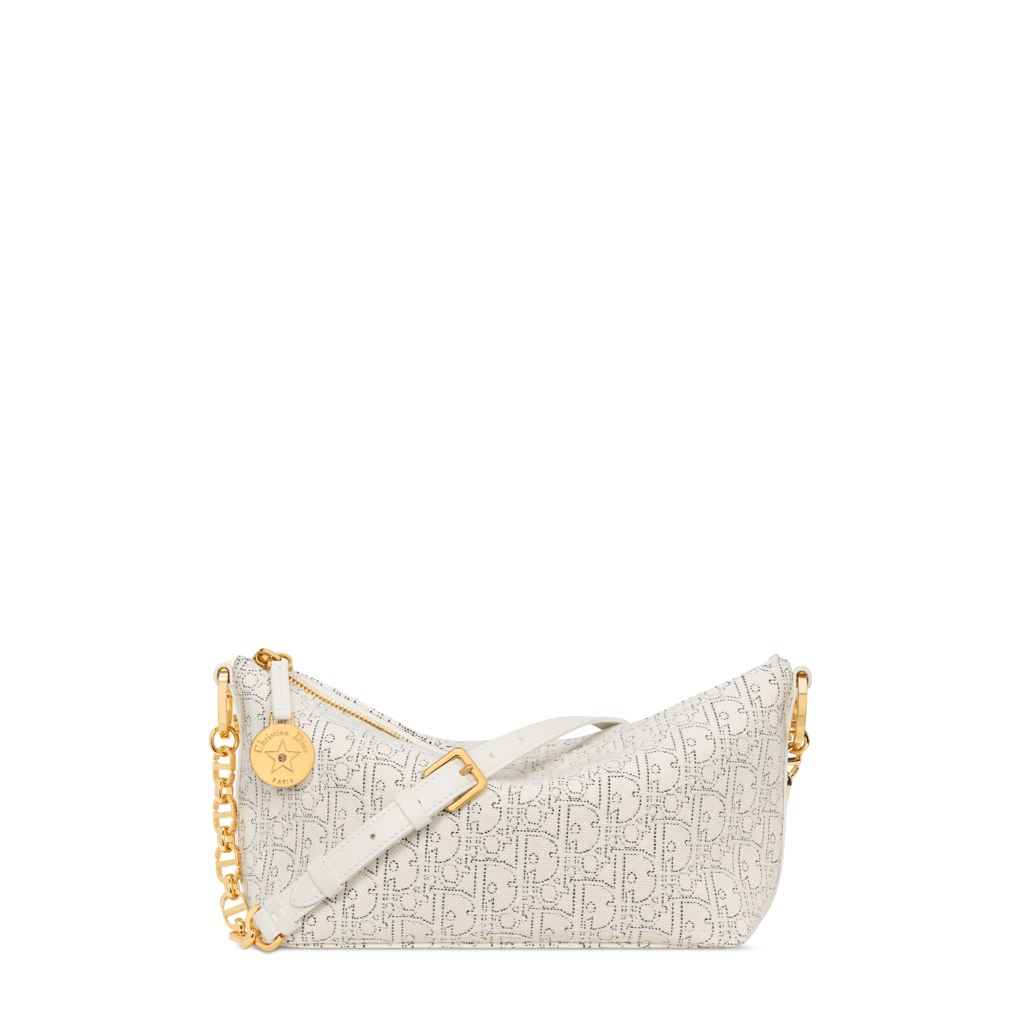 Diorstar 半月形手袋連鏈帶 白色 Dior Oblique 緹花配以對比黑色縫線 E01