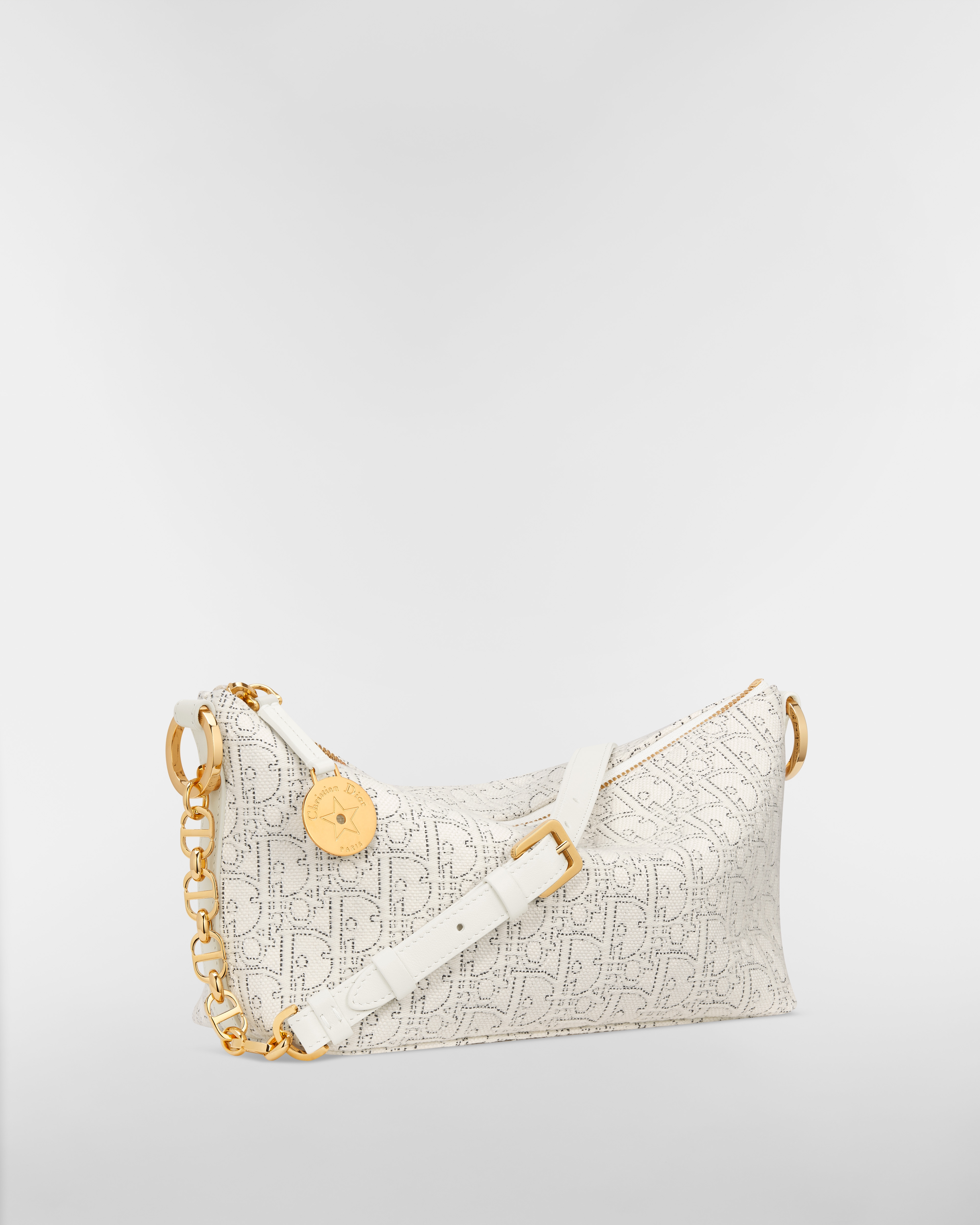 Diorstar Hobo Bag with Chain White Dior Oblique Jacquard with Contrasting Black Topstitching E03
