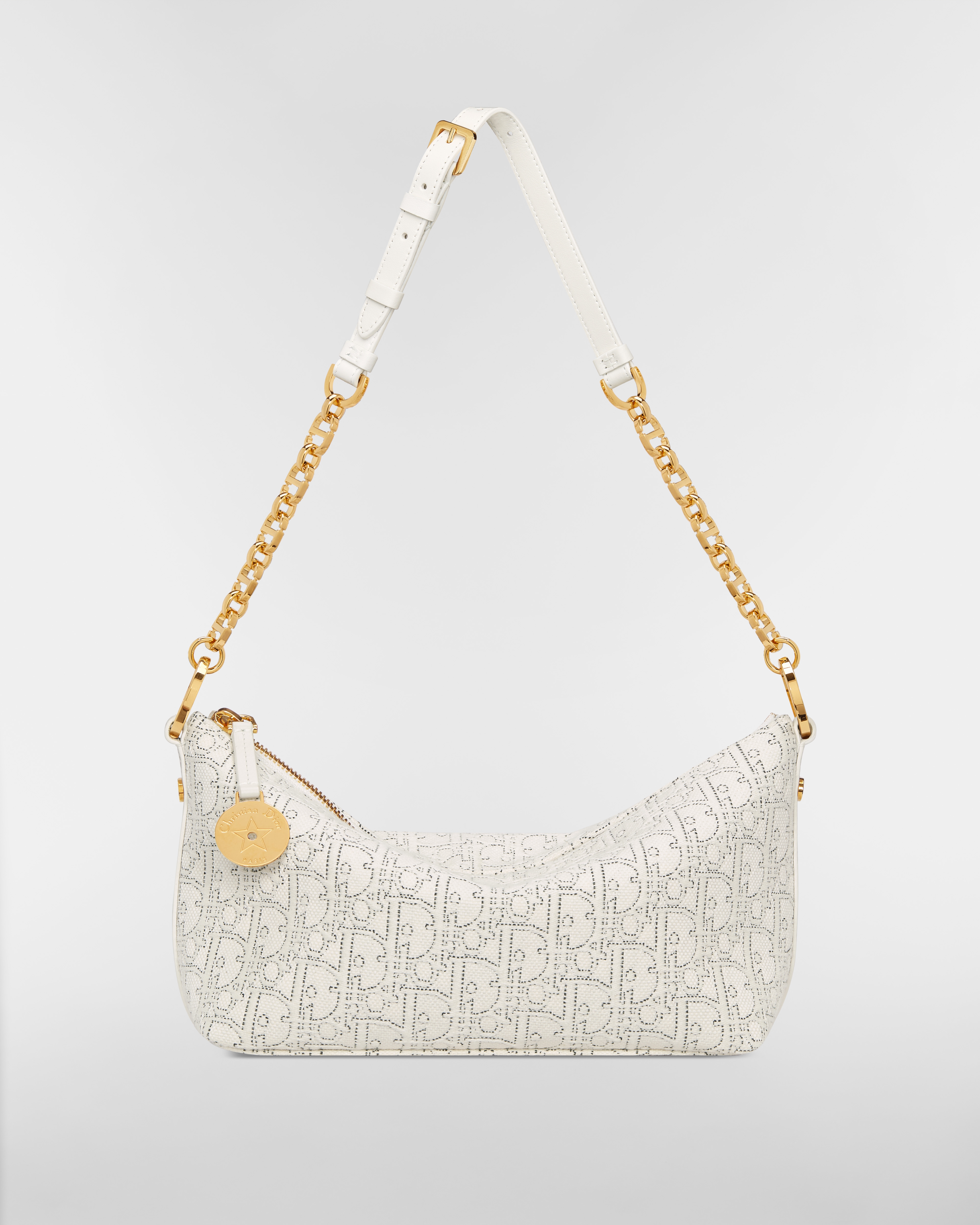 Diorstar Hobo Bag with Chain White Dior Oblique Jacquard with Contrasting Black Topstitching E07