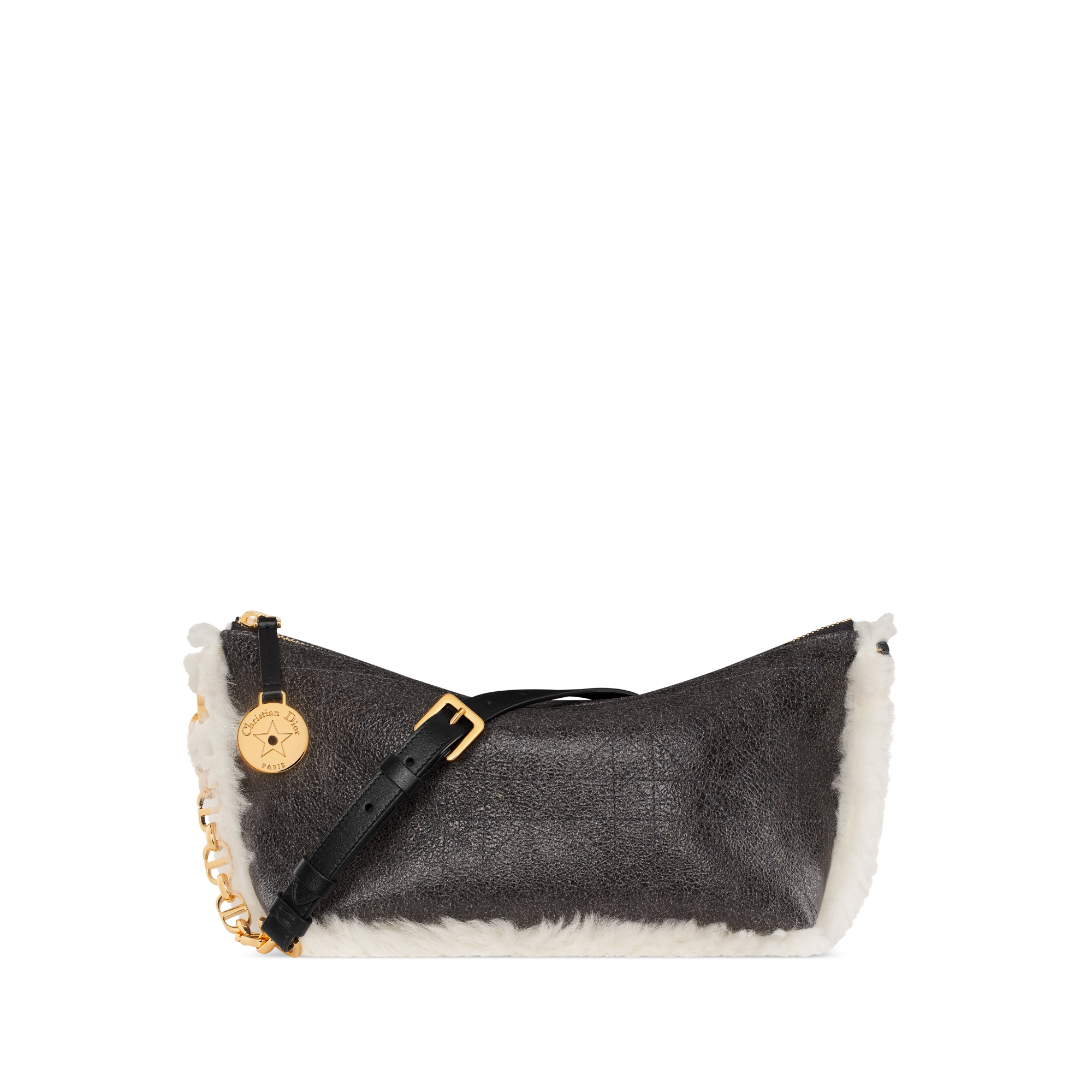 DiorAlps Diorstar Hobo Bag with Chain Black Aged Effect Macrocannage Lambskin and Ecru Merino Wool E01