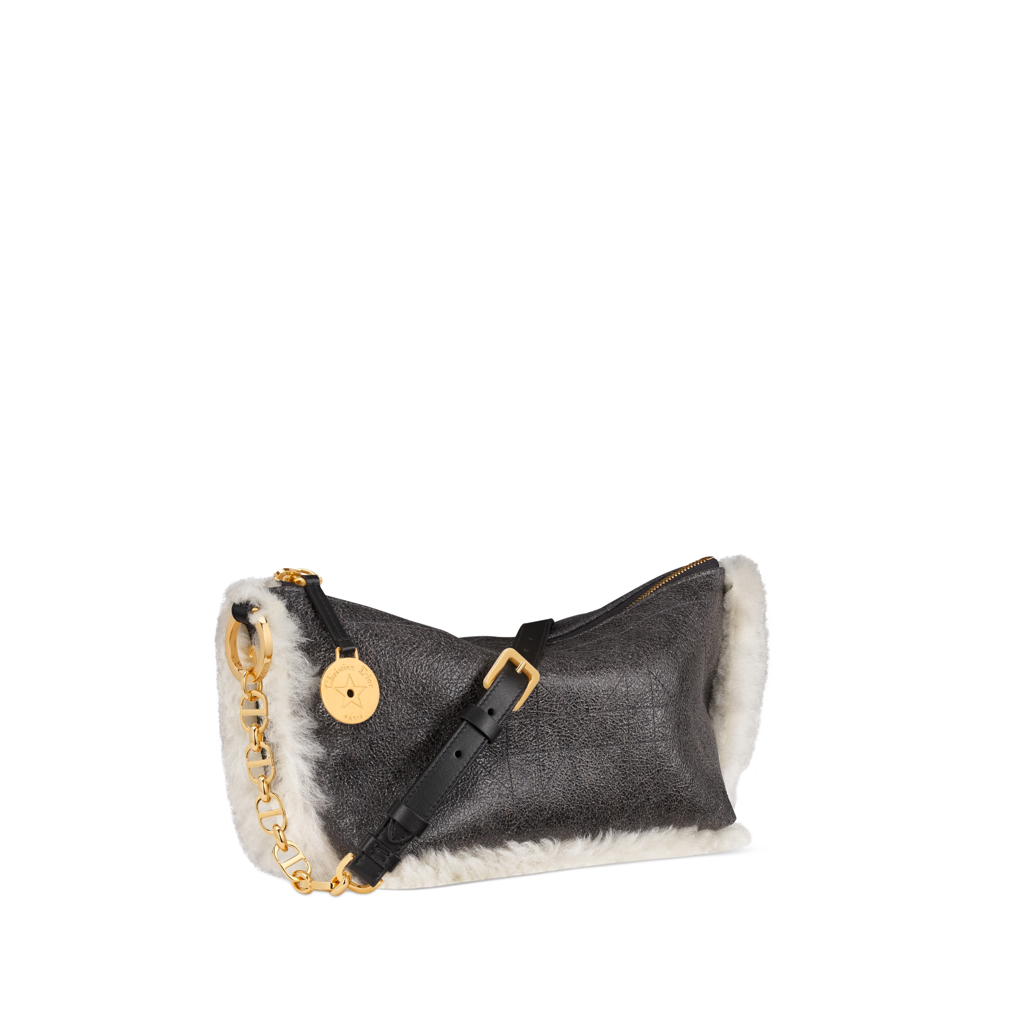 DiorAlps Diorstar Hobo Bag with Chain Black Aged Effect Macrocannage Lambskin and Ecru Merino Wool E03