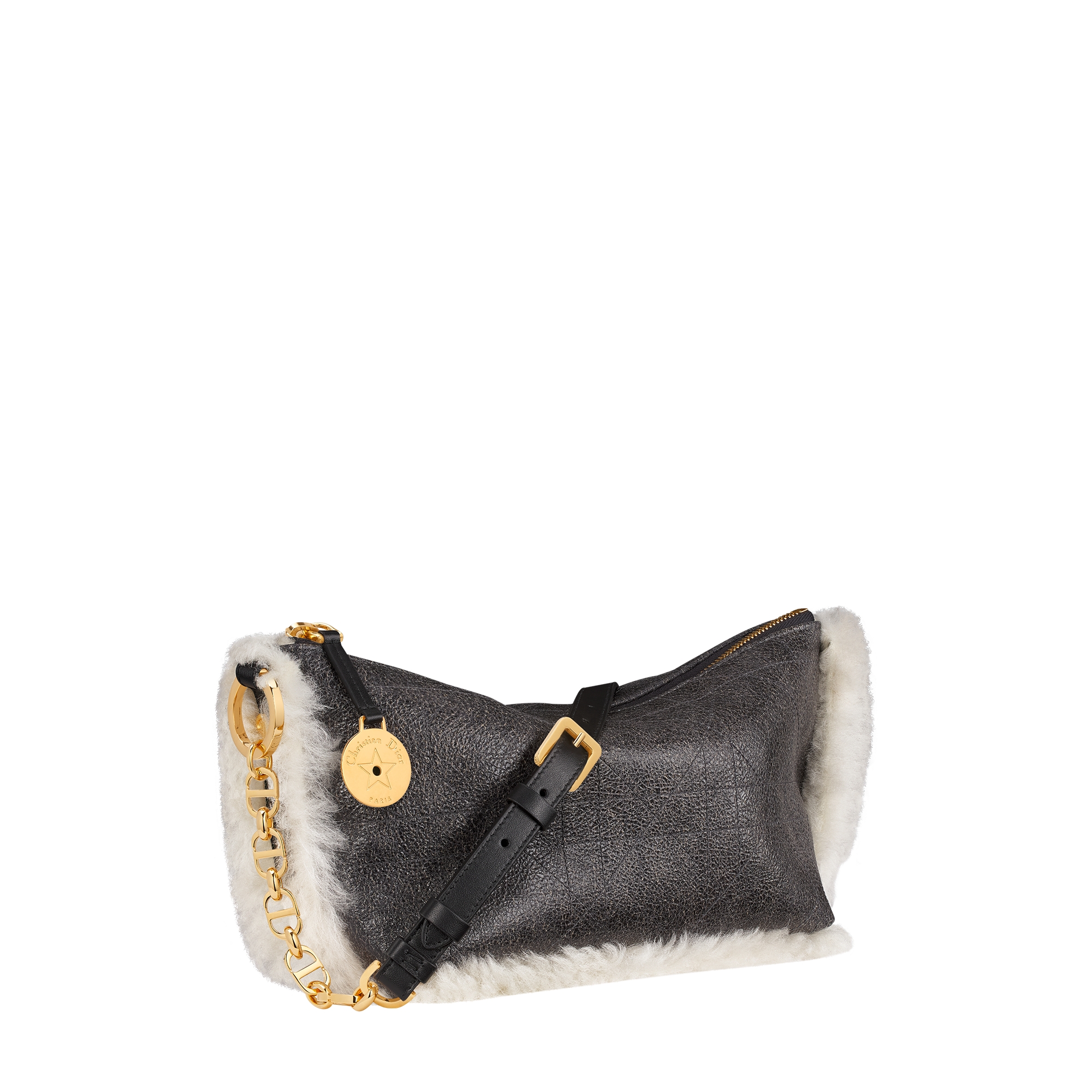 DiorAlps Diorstar Hobo Bag with Chain Black Aged Effect Macrocannage Lambskin and Ecru Merino Wool E03