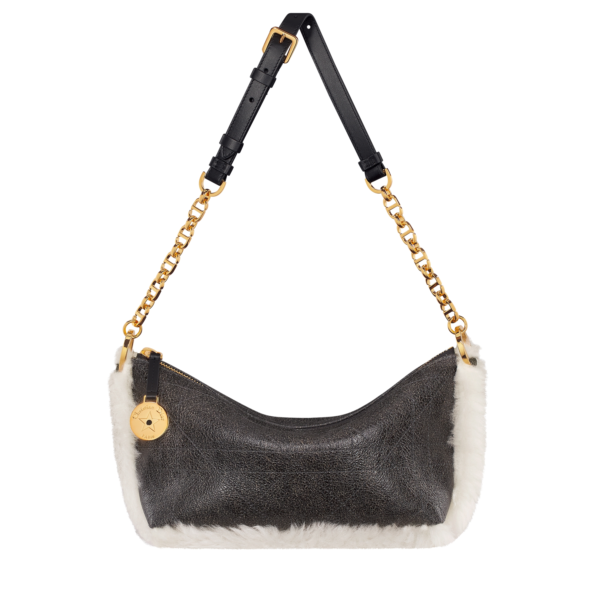 DiorAlps Diorstar Hobo Bag with Chain Black Aged Effect Macrocannage Lambskin and Ecru Merino Wool E07