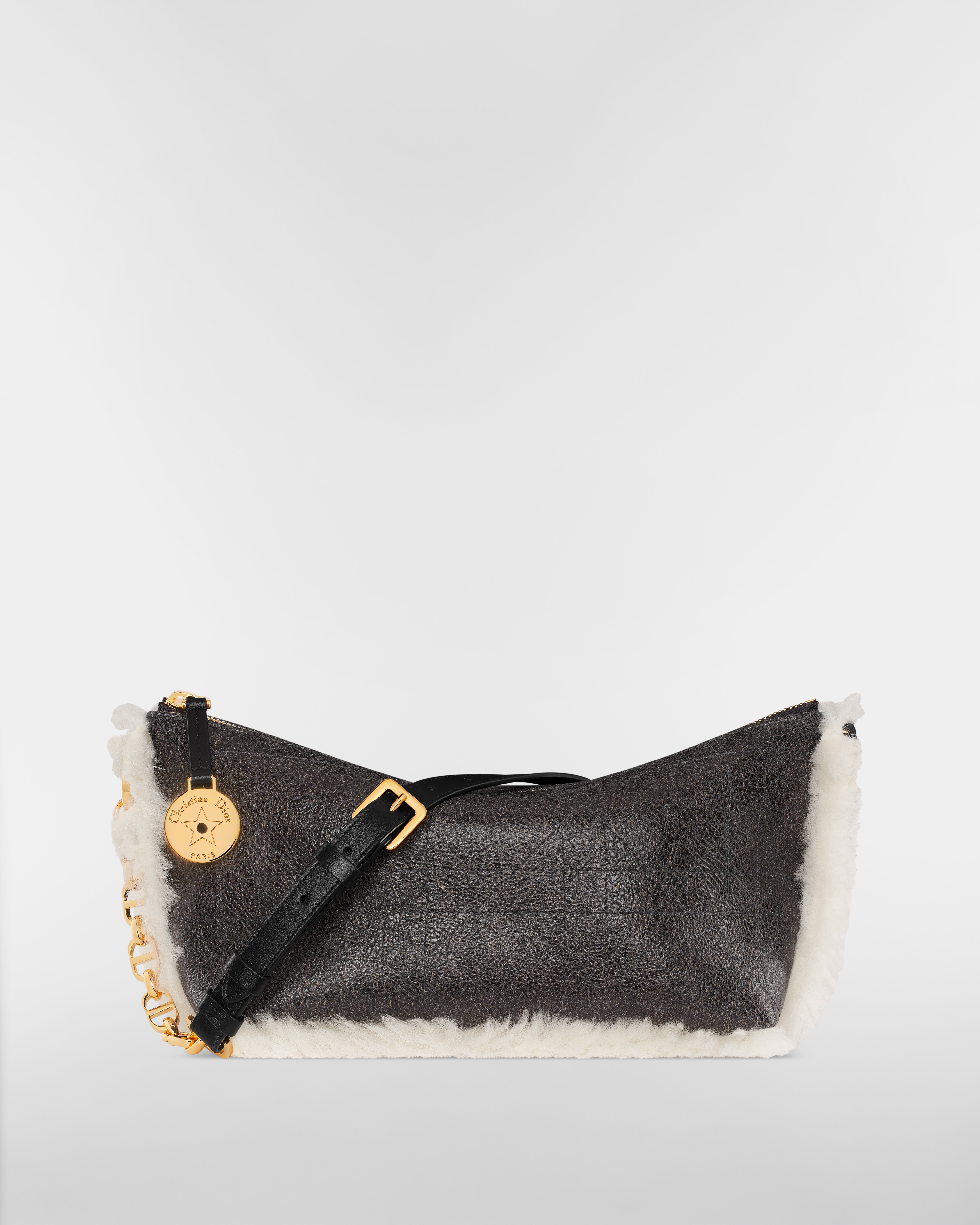 DiorAlps Diorstar Hobo Bag with Chain Black Aged Effect Macrocannage Lambskin and Ecru Merino Wool E01