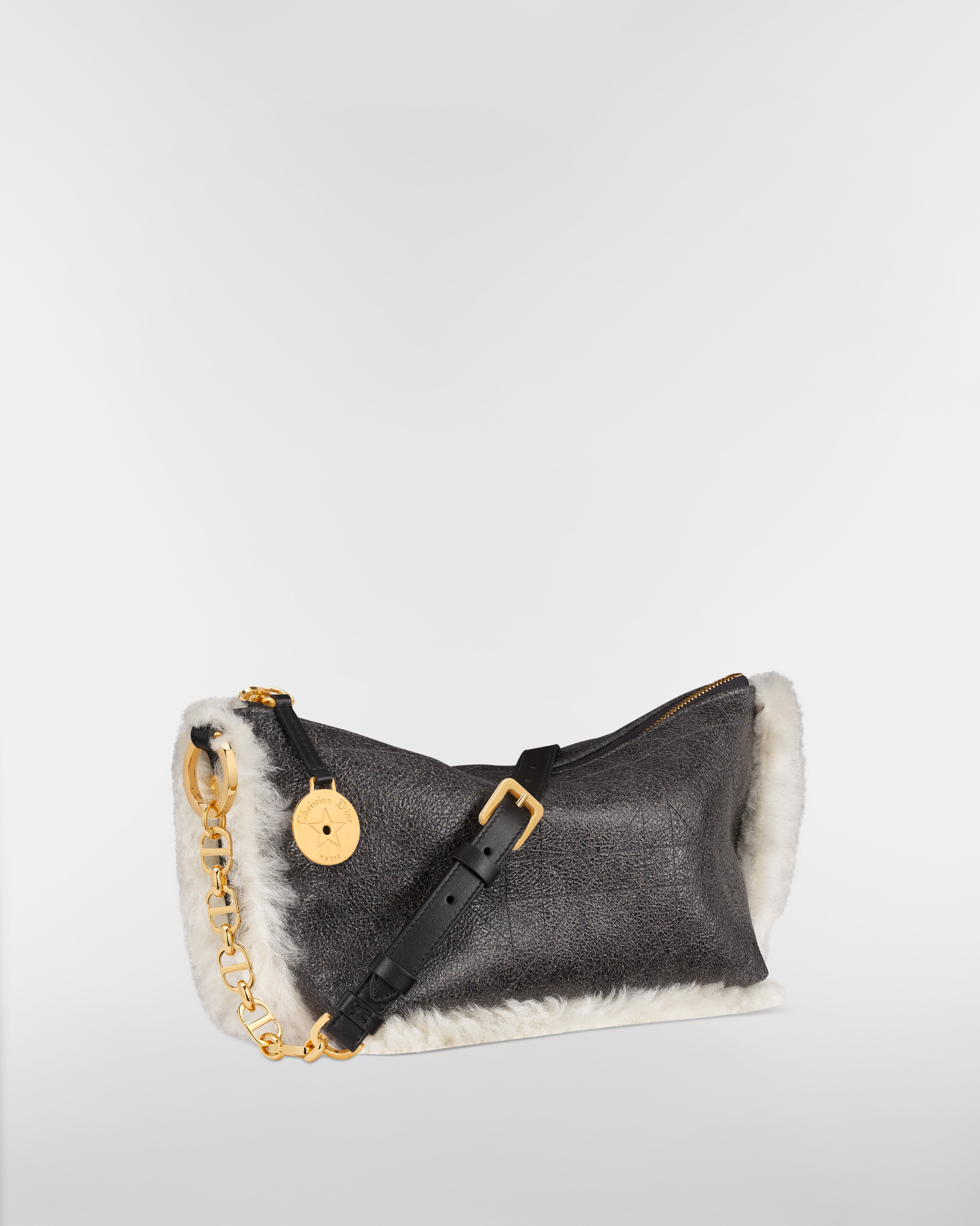 DiorAlps Diorstar Hobo Bag with Chain Black Aged Effect Macrocannage Lambskin and Ecru Merino Wool E03