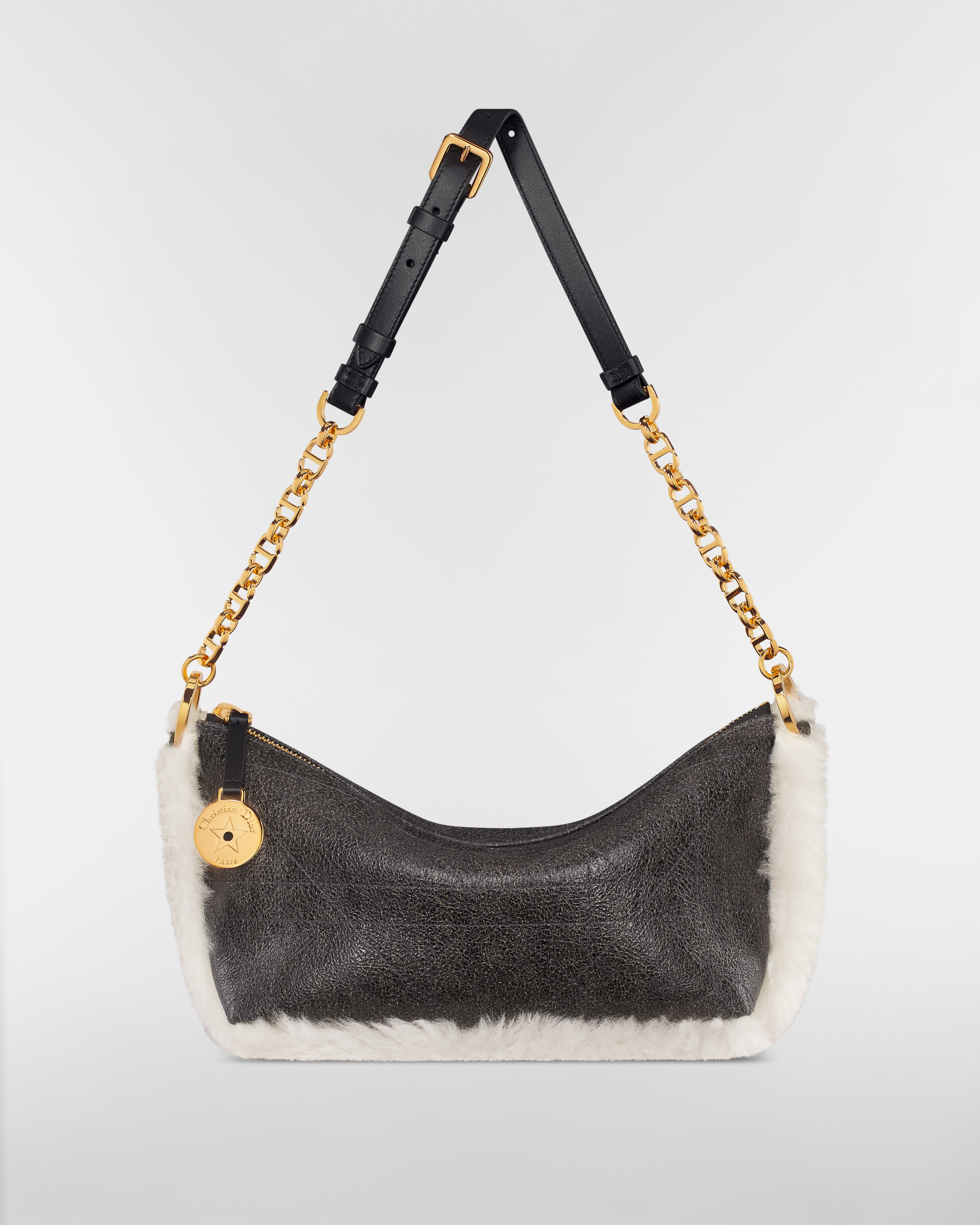 DiorAlps Diorstar Hobo Bag with Chain Black Aged Effect Macrocannage Lambskin and Ecru Merino Wool E07