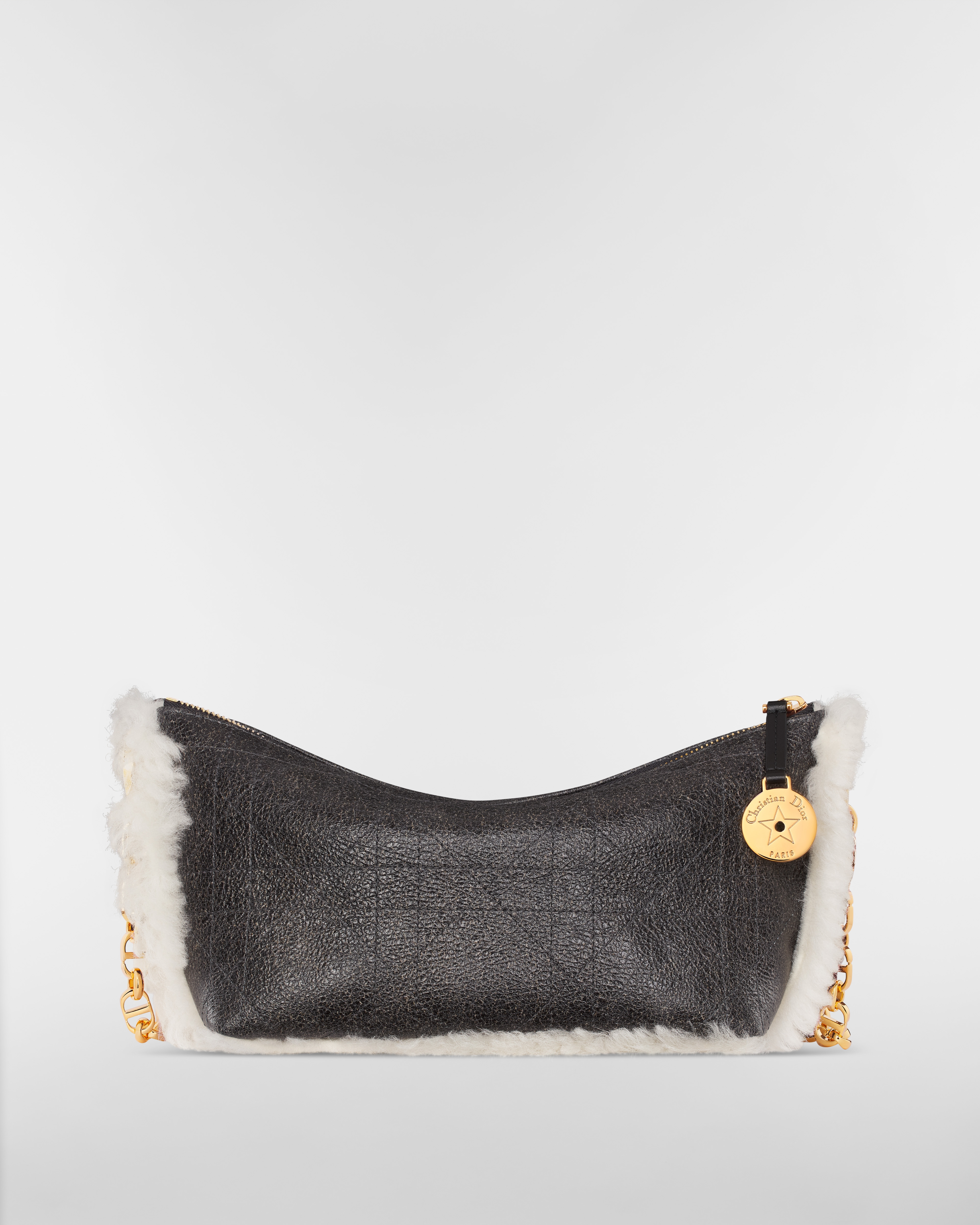 DiorAlps Diorstar Hobo Bag with Chain Black Aged Effect Macrocannage Lambskin and Ecru Merino Wool E08
