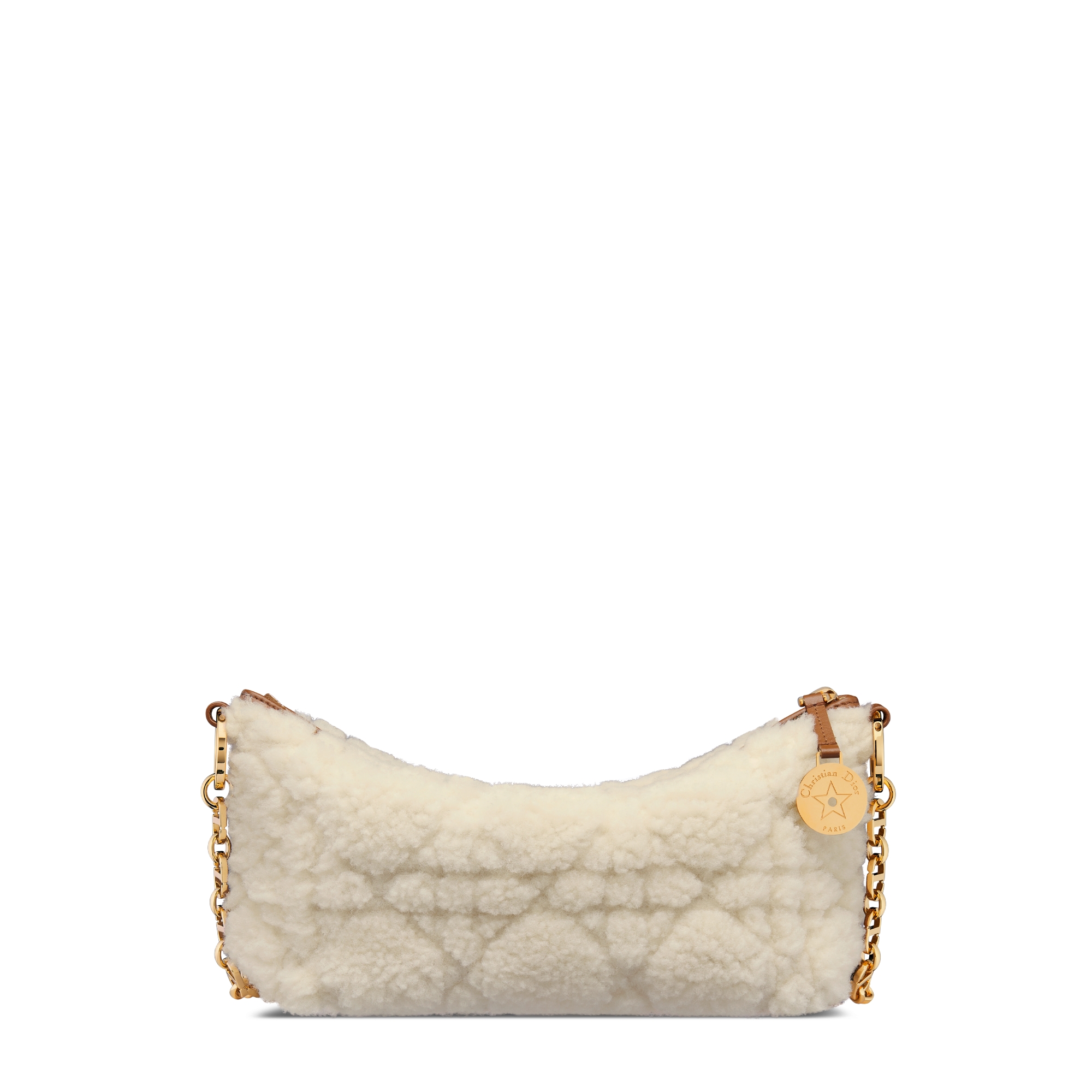 Diorstar-hobotas met kettingriem Ecrukleurig lamsleer met Cannage-motief en schapenwol E08