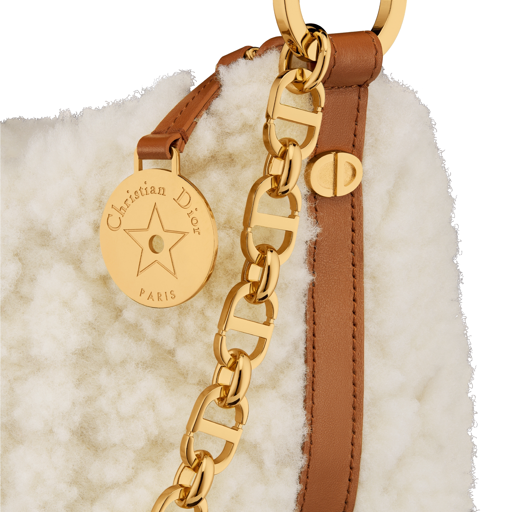 Diorstar-hobotas met kettingriem Ecrukleurig lamsleer met Cannage-motief en schapenwol E09