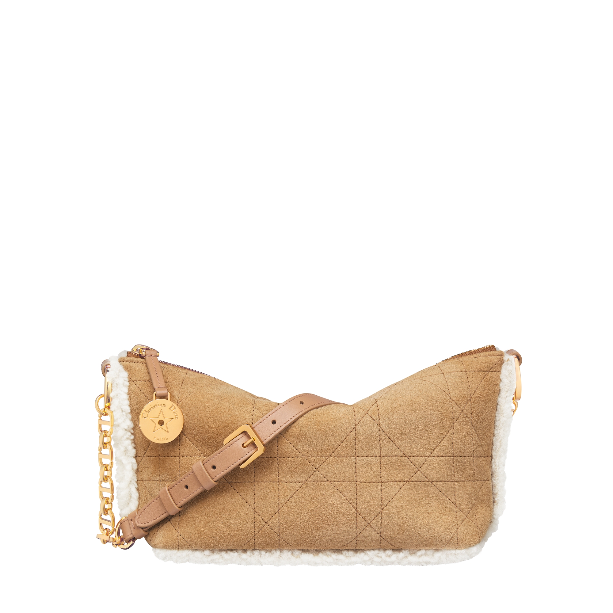 DiorAlps Diorstar Hobo Bag with Chain Beige Macrocannage Suede Calfskin and Ecru Merino Wool E01