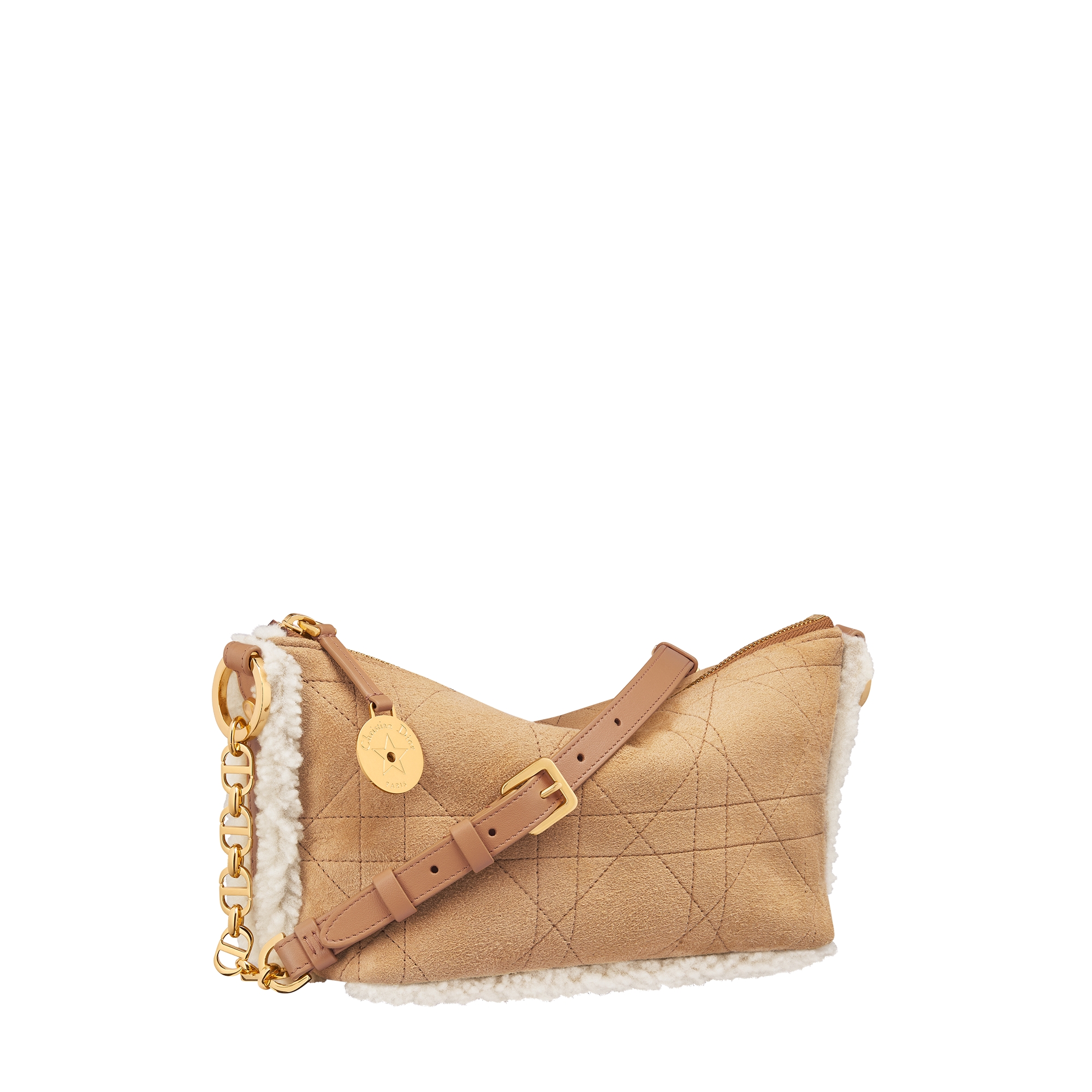 DiorAlps Diorstar Hobo Bag with Chain Beige Macrocannage Suede Calfskin and Ecru Merino Wool E03