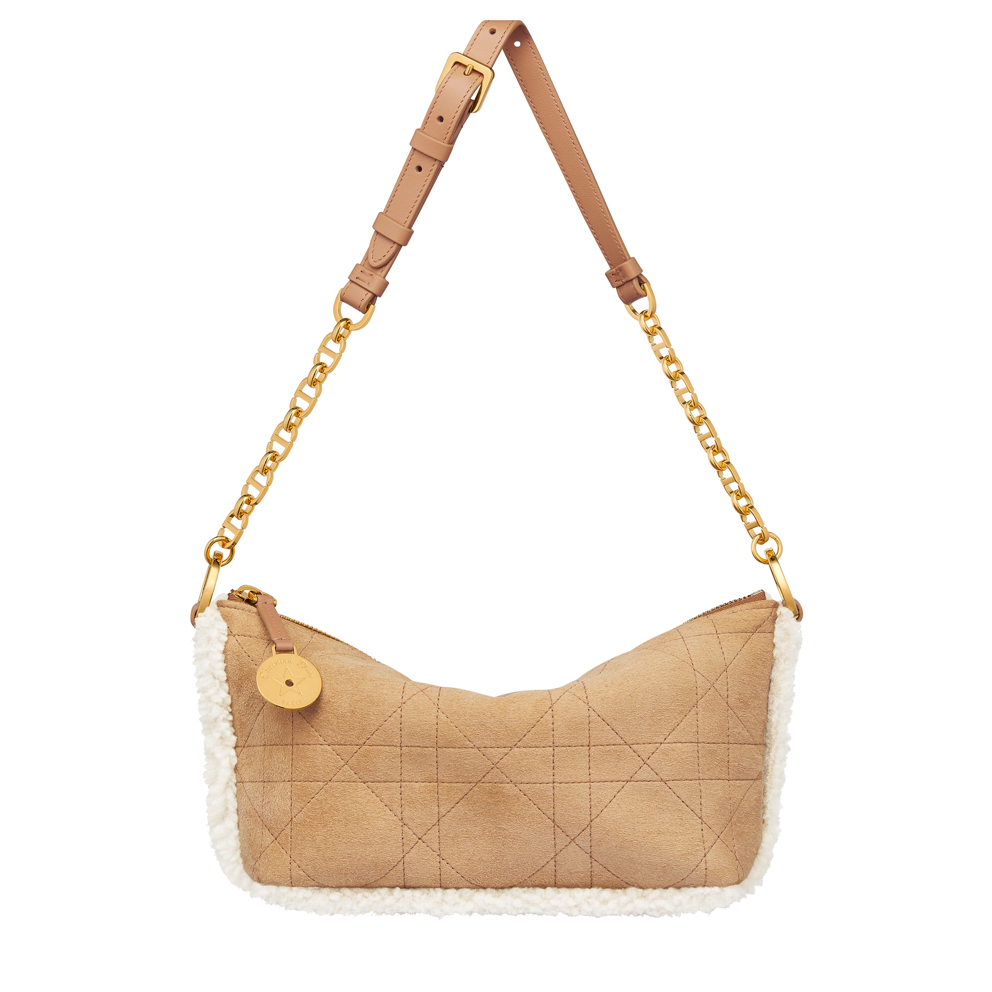 DiorAlps Diorstar Hobo Bag with Chain Beige Macrocannage Suede Calfskin and Ecru Merino Wool E07