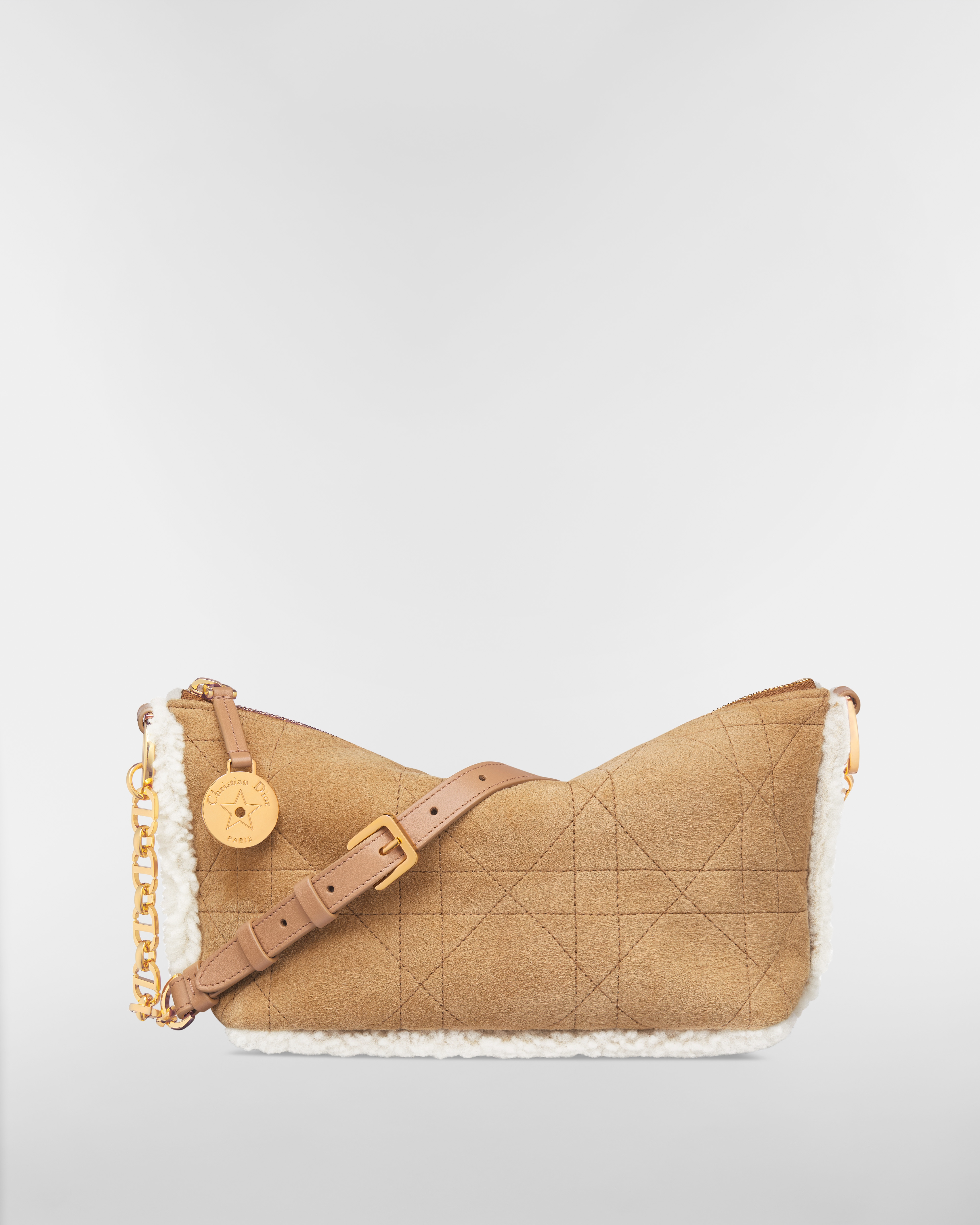 DiorAlps Diorstar Hobo Bag with Chain Beige Macrocannage Suede Calfskin and Ecru Merino Wool E01