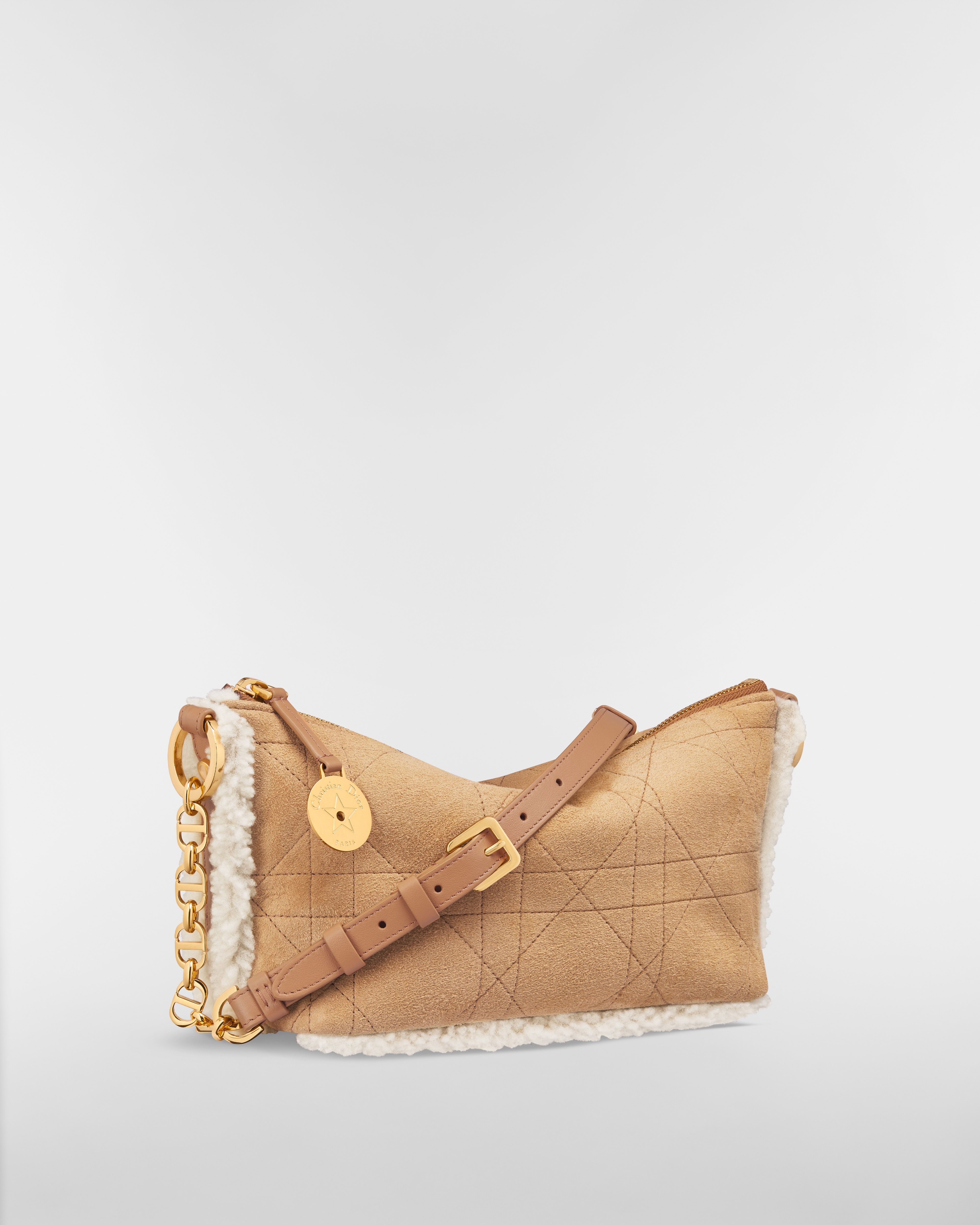 DiorAlps Diorstar Hobo Bag with Chain Beige Macrocannage Suede Calfskin and Ecru Merino Wool E03