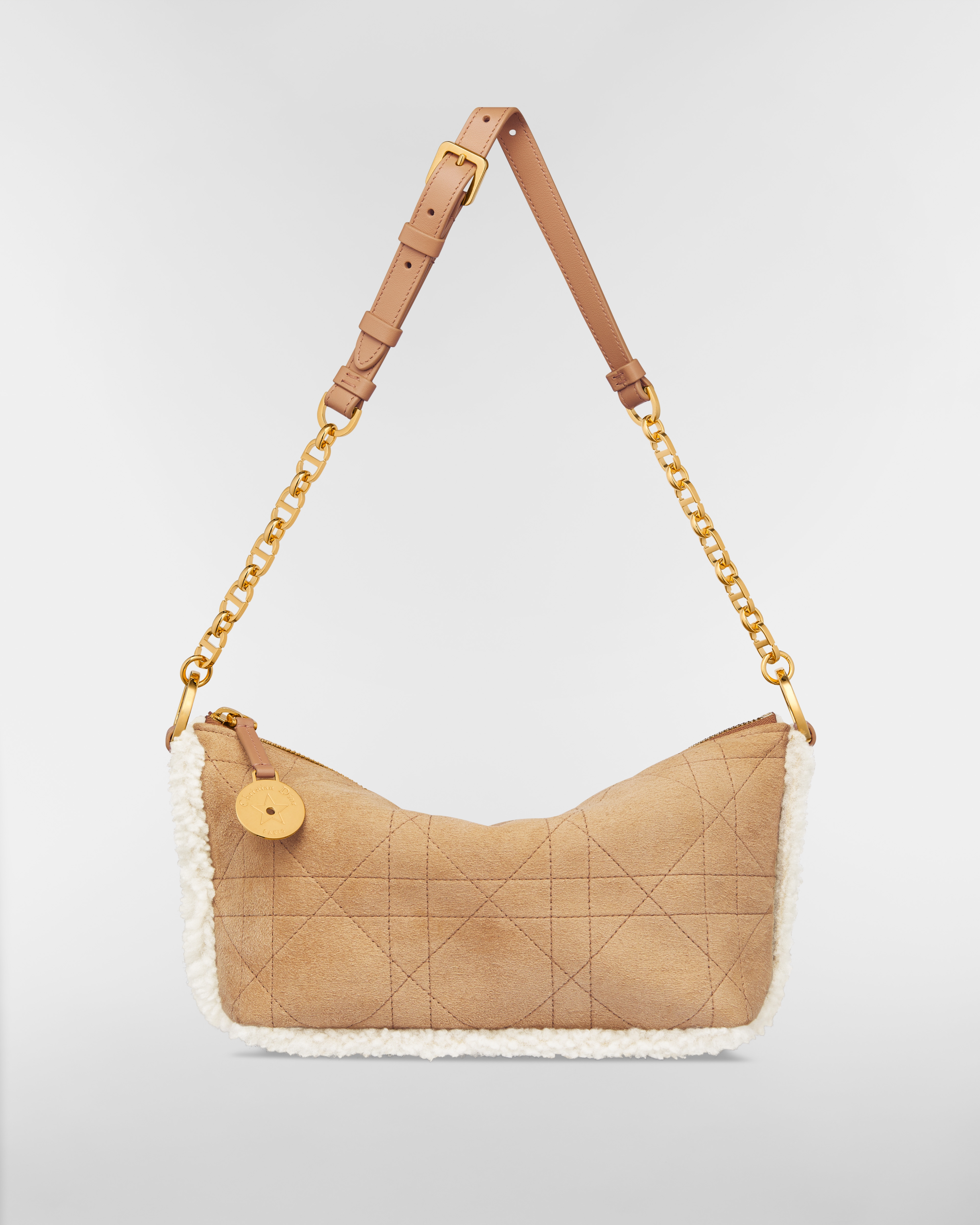 DiorAlps Diorstar Hobo Bag with Chain Beige Macrocannage Suede Calfskin and Ecru Merino Wool E07