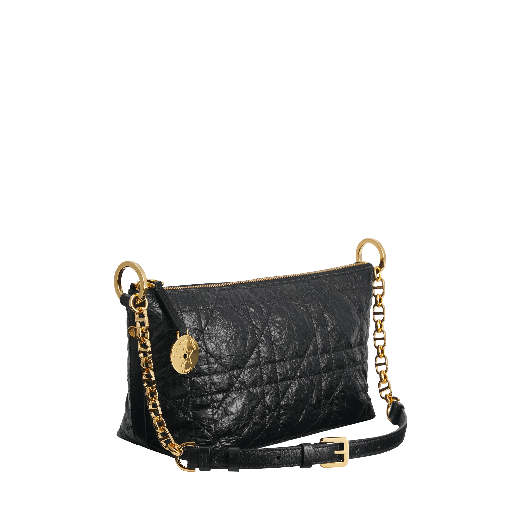 Diorstar Hobo Bag with Chain Black Macrocannage Crinkled Calfskin E02