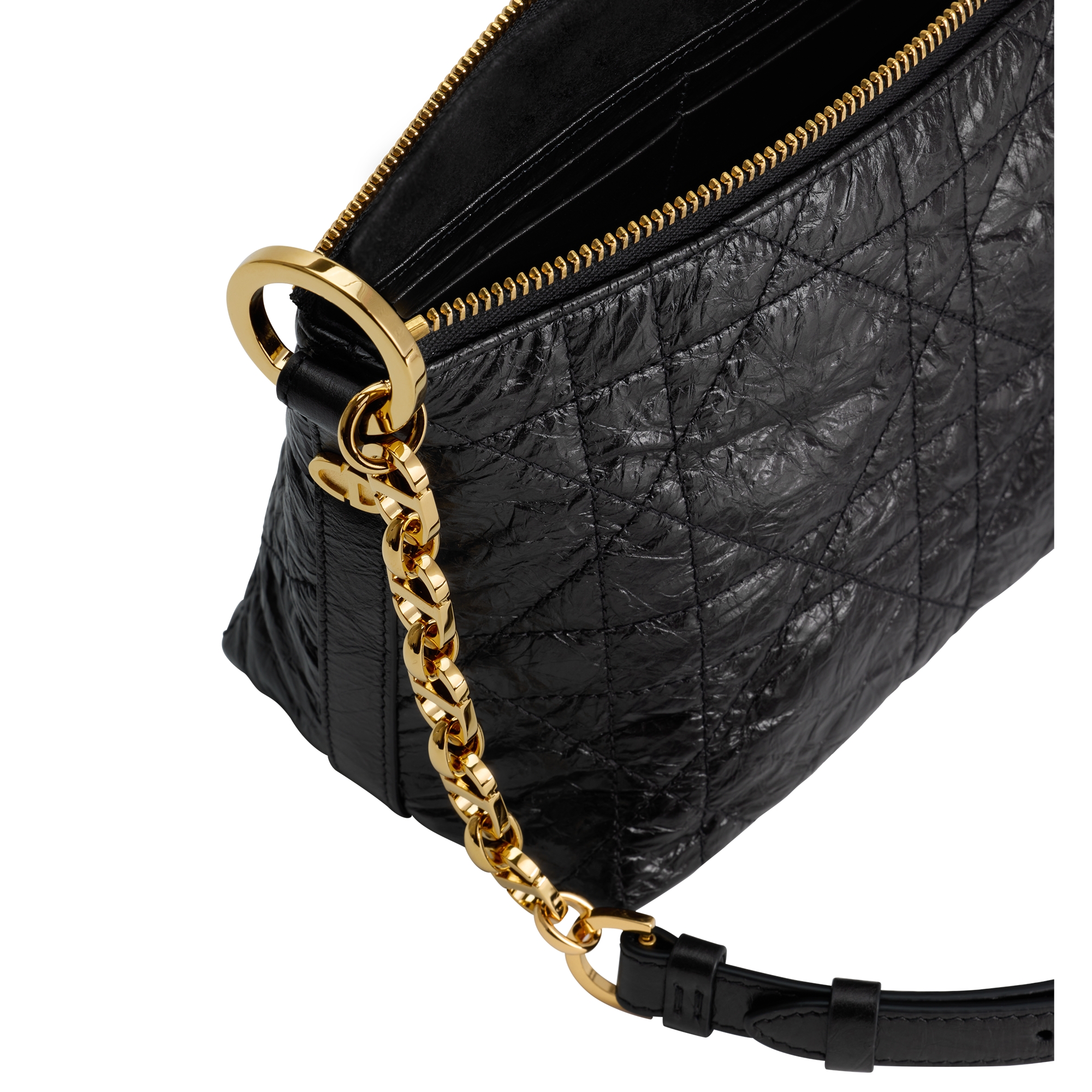 Diorstar Hobo Bag with Chain Black Macrocannage Crinkled Calfskin E06