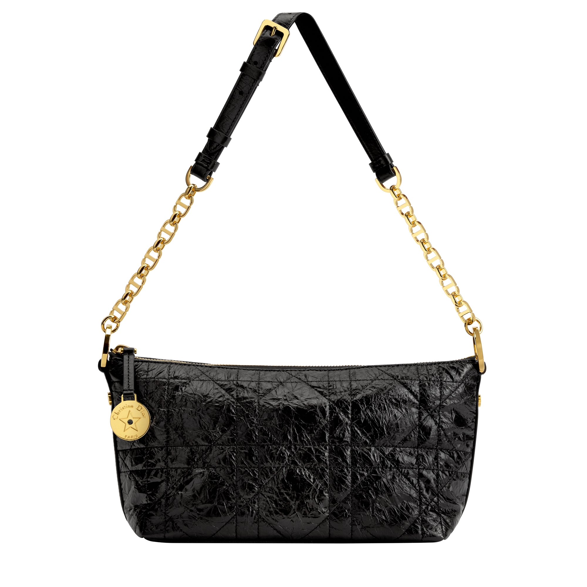 Diorstar Hobo Bag with Chain Black Macrocannage Crinkled Calfskin E07