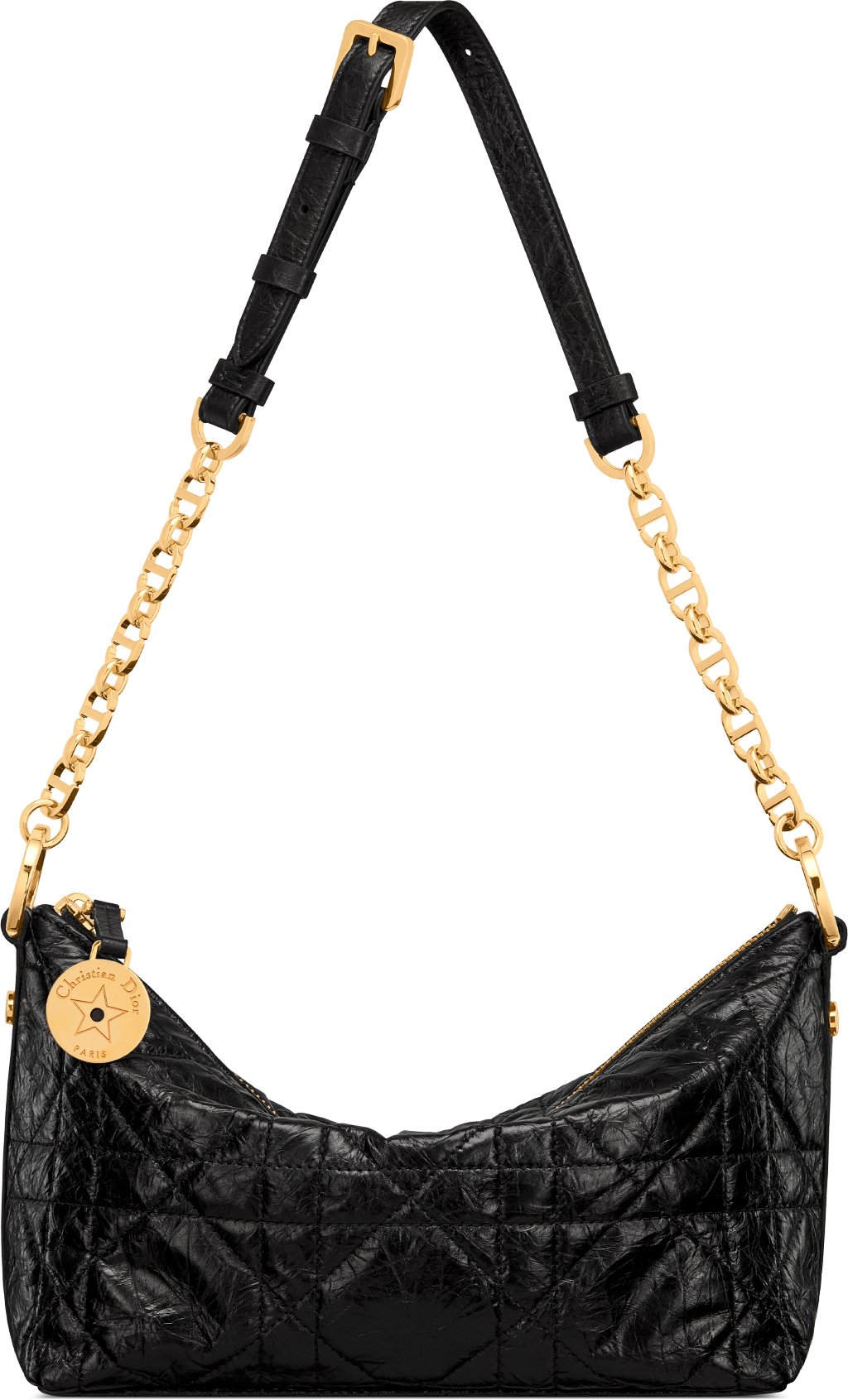 Diorstar Hobo Bag with Chain Black Macrocannage Crinkled Calfskin DIOR