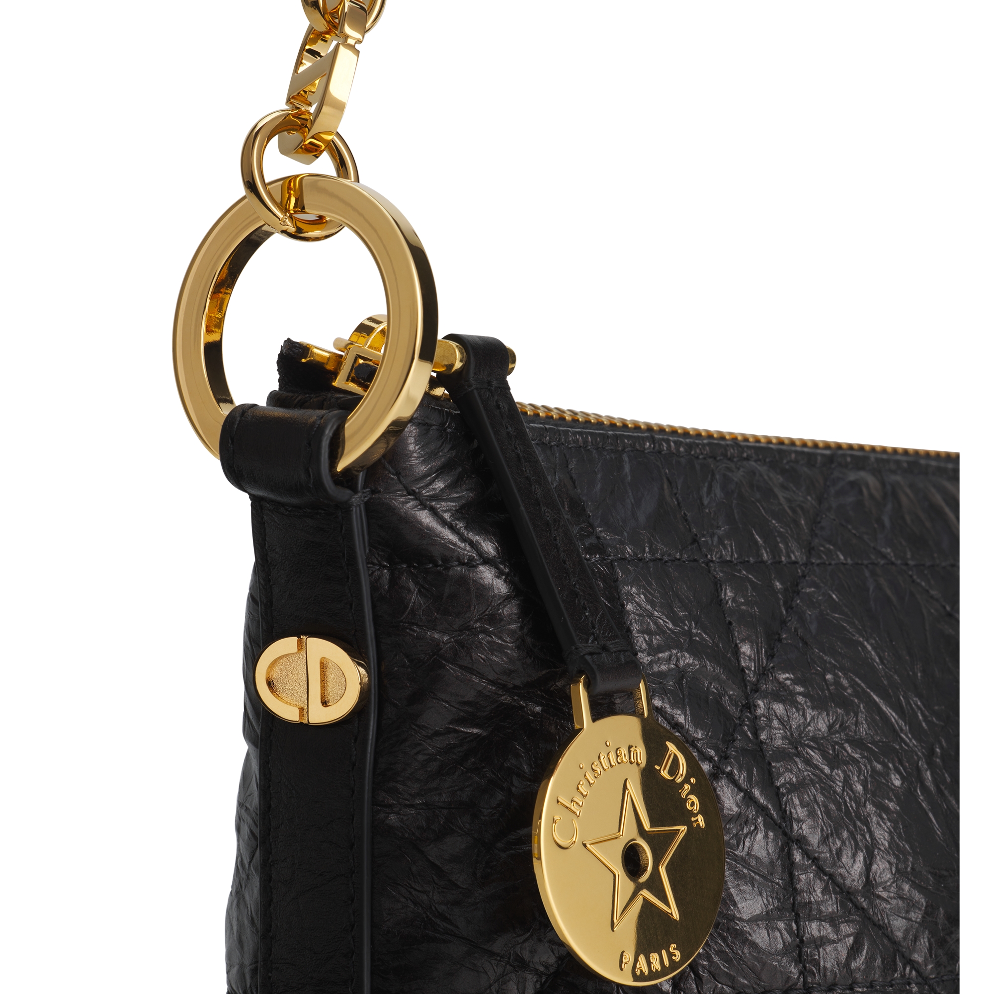 Diorstar Hobo Bag with Chain Black Macrocannage Crinkled Calfskin E10
