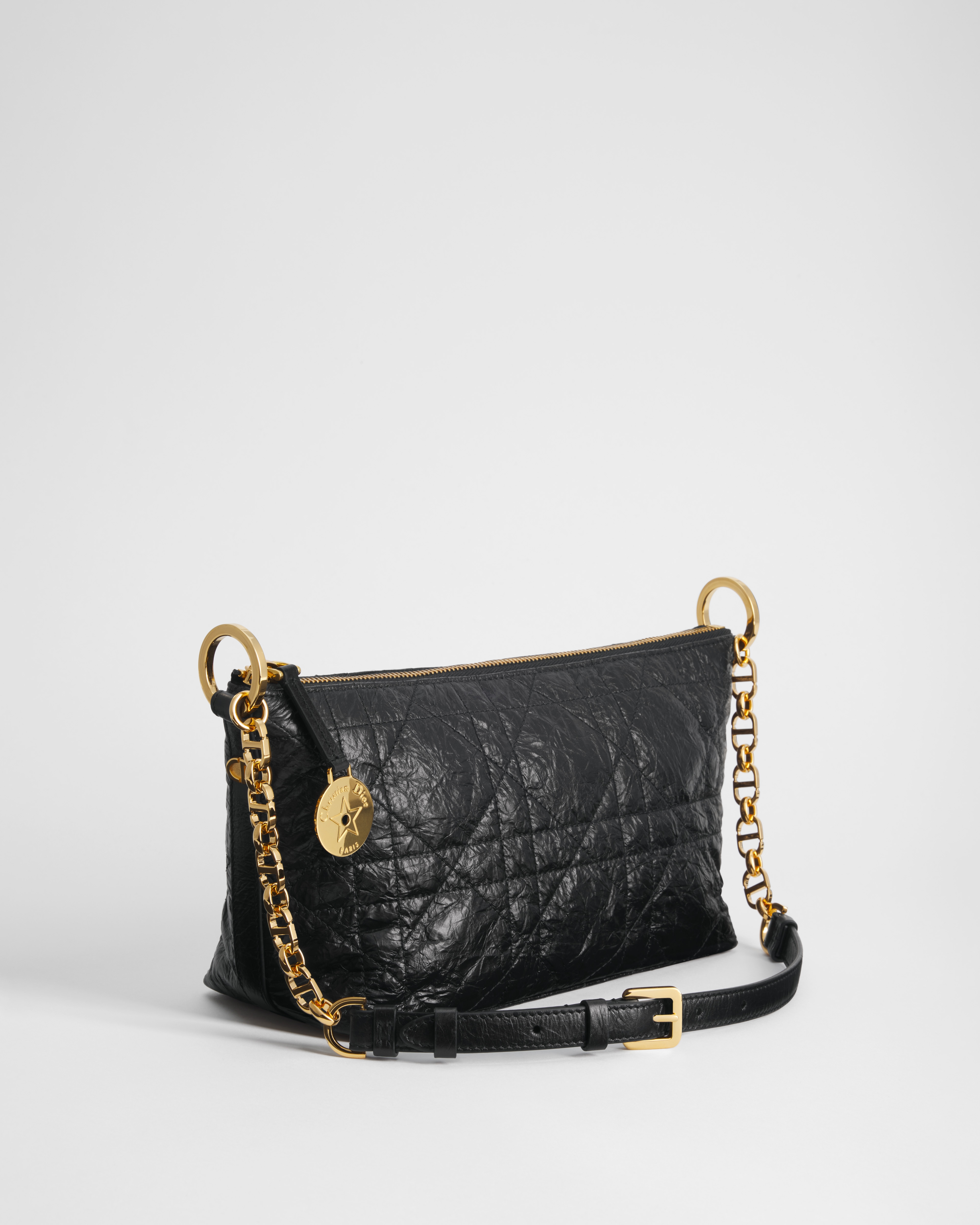 Diorstar Hobo Bag with Chain Black Macrocannage Crinkled Calfskin E02