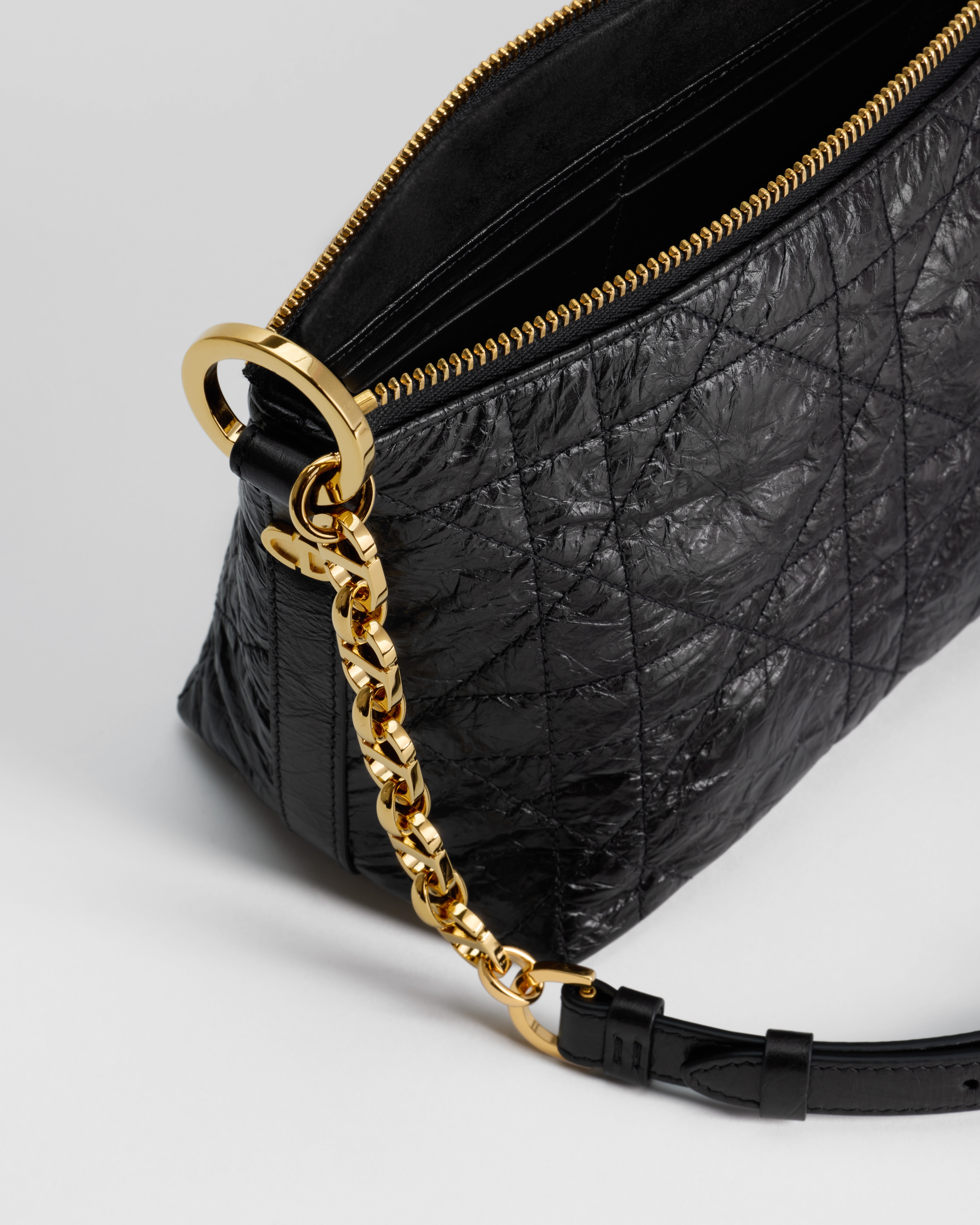 Diorstar Hobo Bag with Chain Black Macrocannage Crinkled Calfskin E06