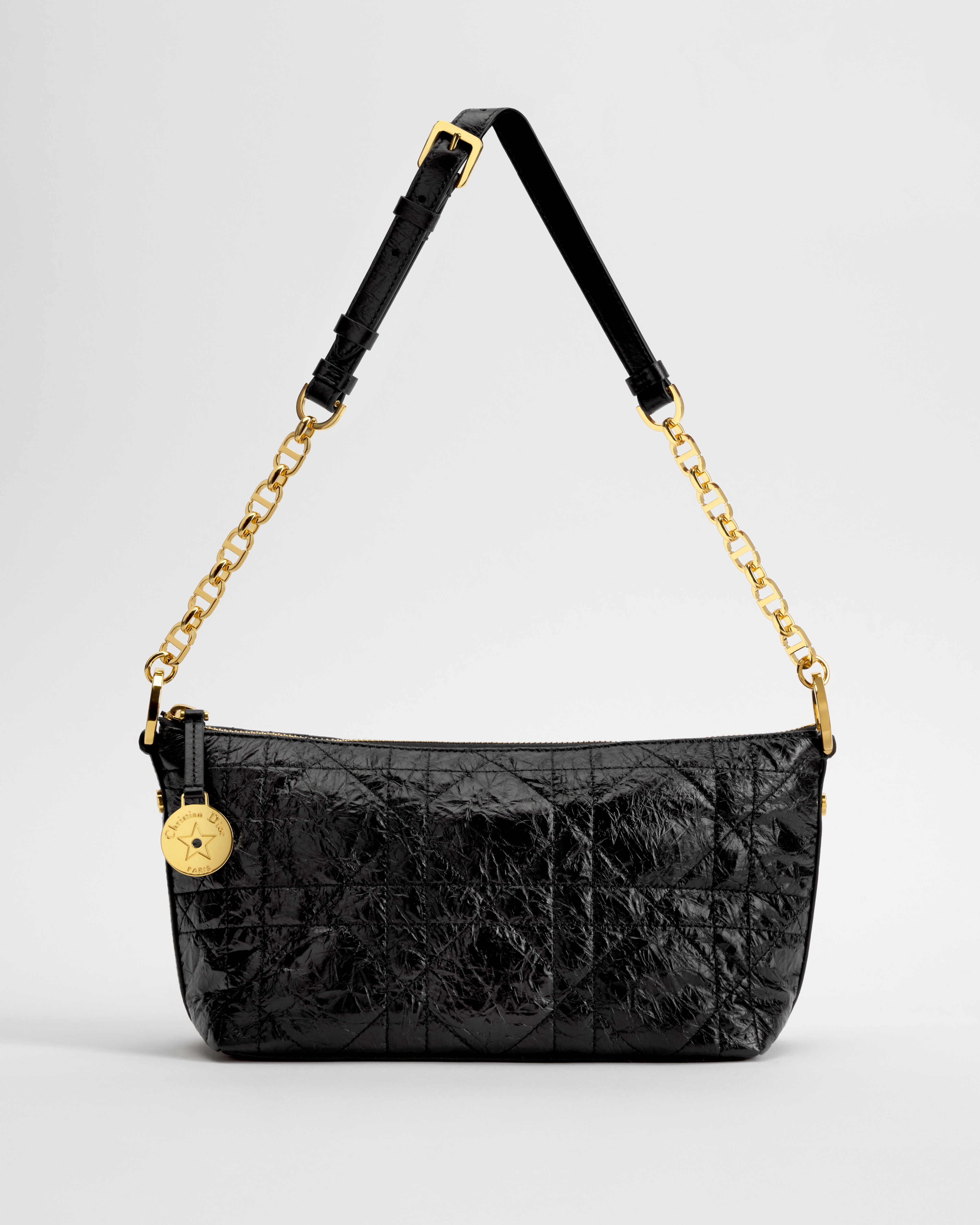 Diorstar Hobo Bag with Chain Black Macrocannage Crinkled Calfskin E07