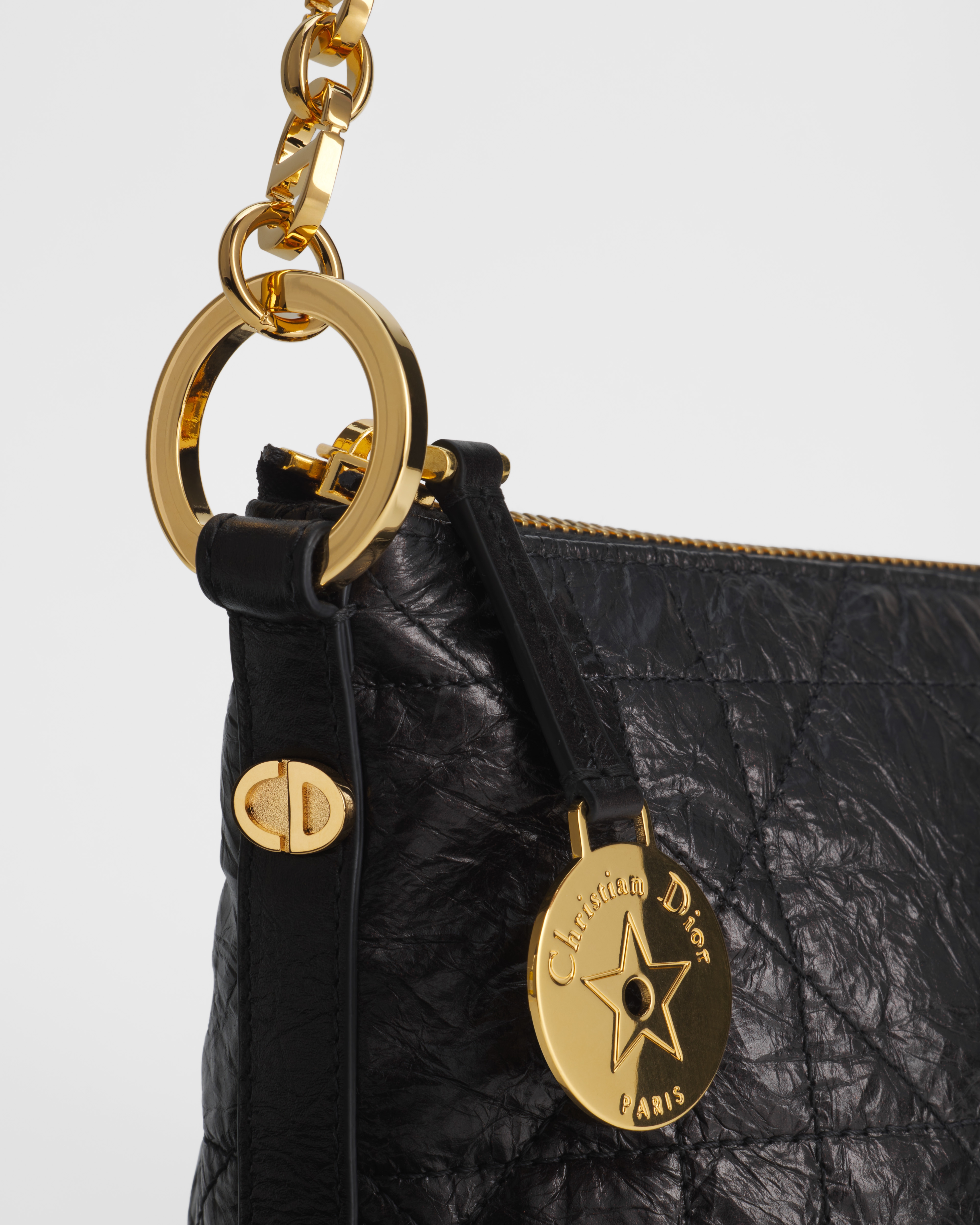 Diorstar Hobo Bag with Chain Black Macrocannage Crinkled Calfskin E10