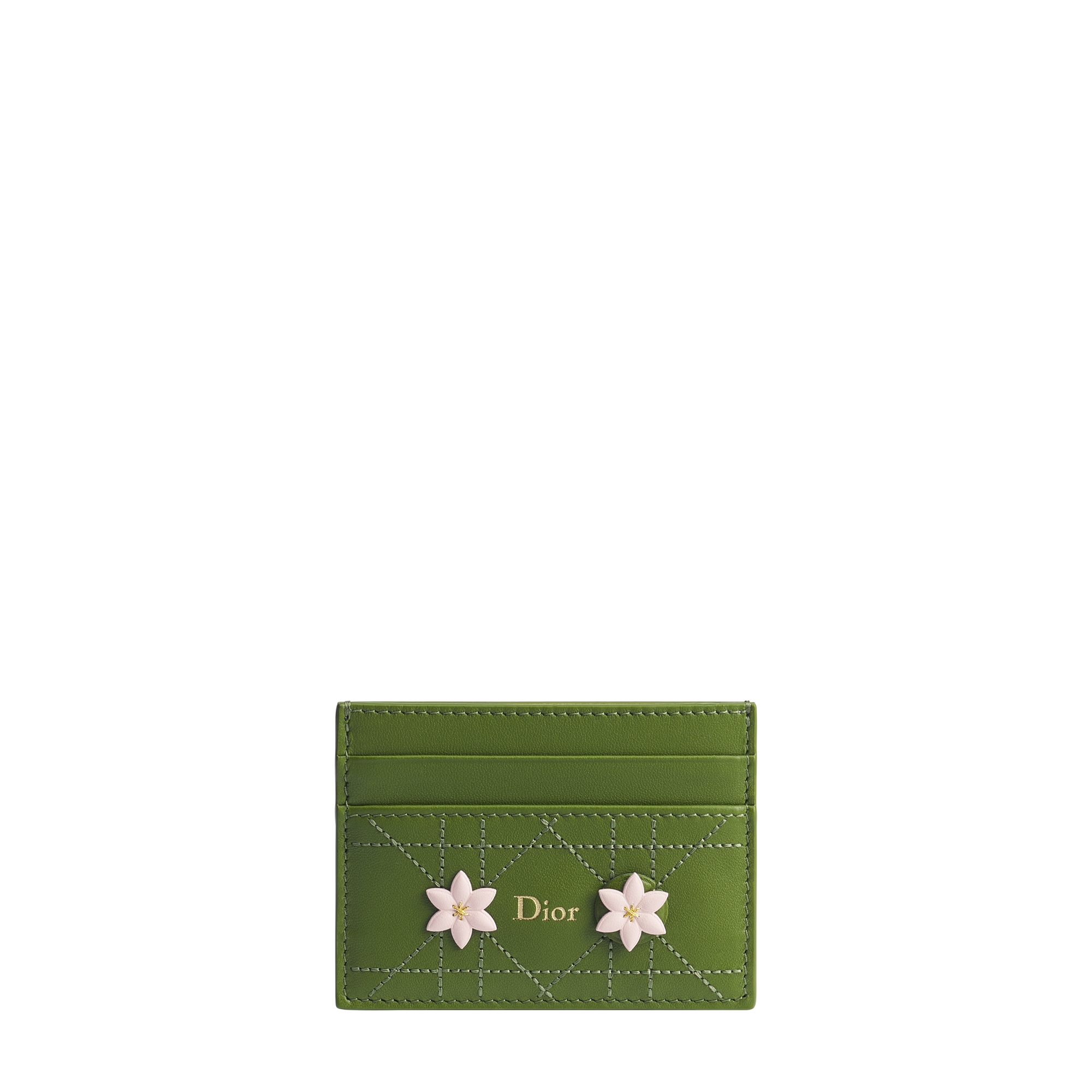 Dior Jardin Freesia Card Holder Green and Pink Dior Water Lily Embroidered Cannage Lambskin E01