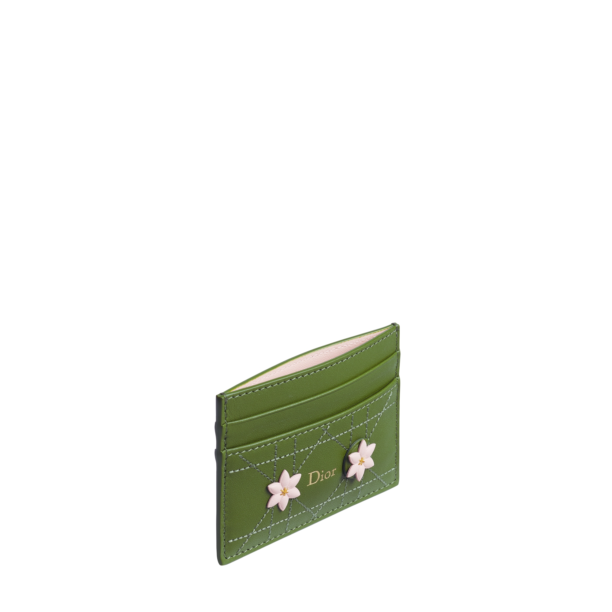Dior Jardin Freesia Card Holder Green and Pink Dior Water Lily Embroidered Cannage Lambskin E03