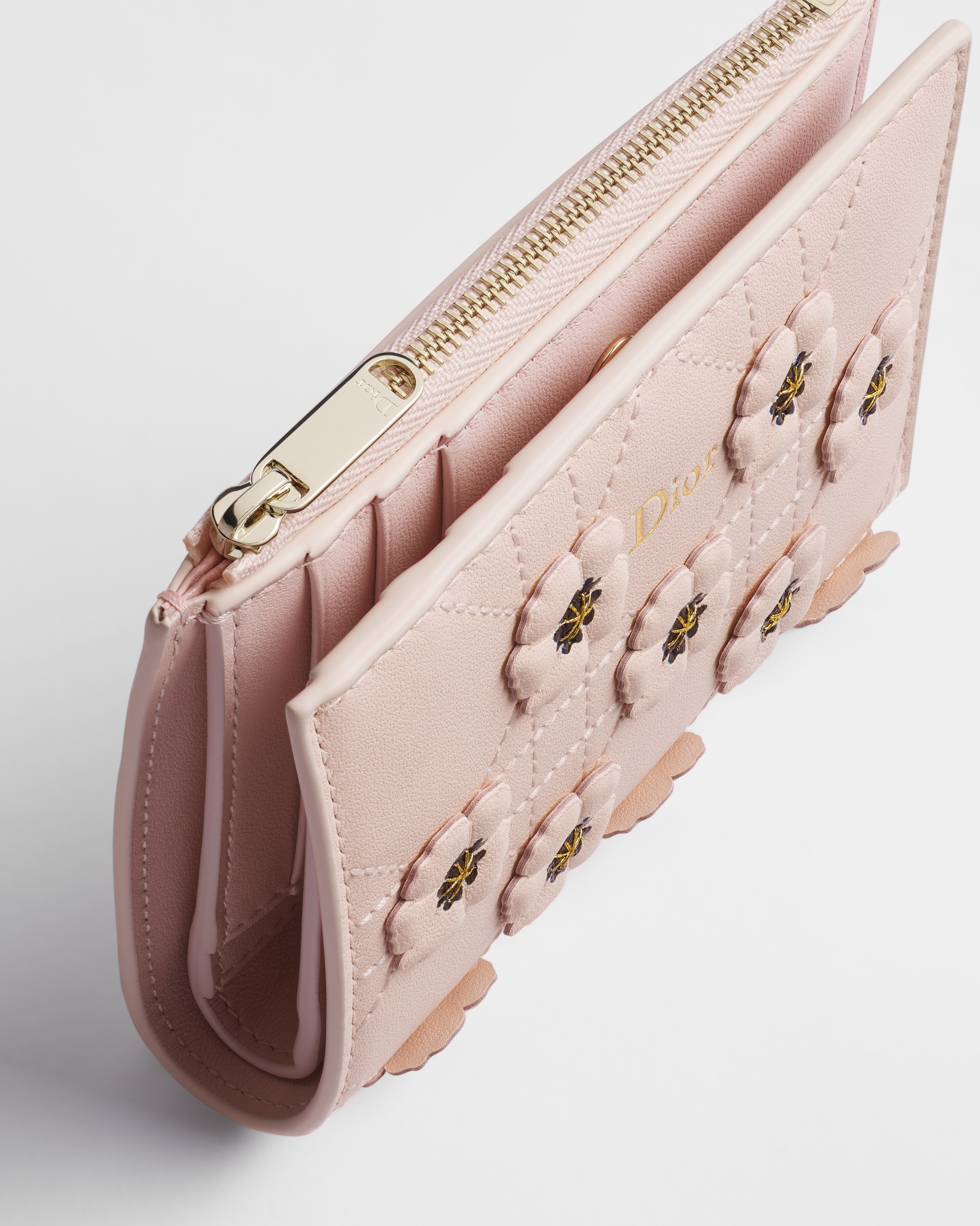 Dior Jardin Dahlia Wallet Ballet Pink Dior Poppy Embroidered Cannage Lambskin E06