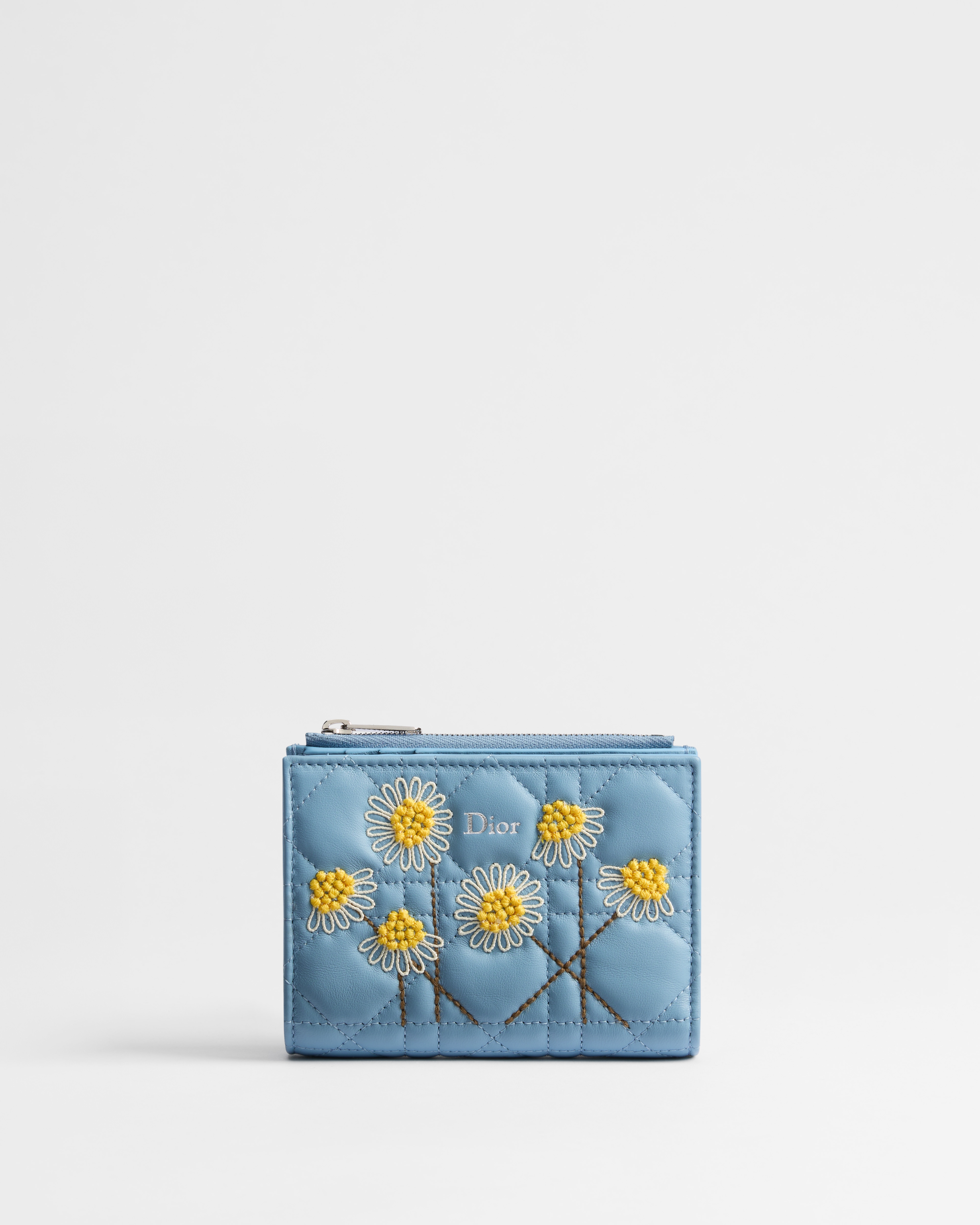 Dioriviera Dior Jardin Dahlia Wallet Blue Cannage Lambskin with Multicolor Dior Daisy Embroidery E01