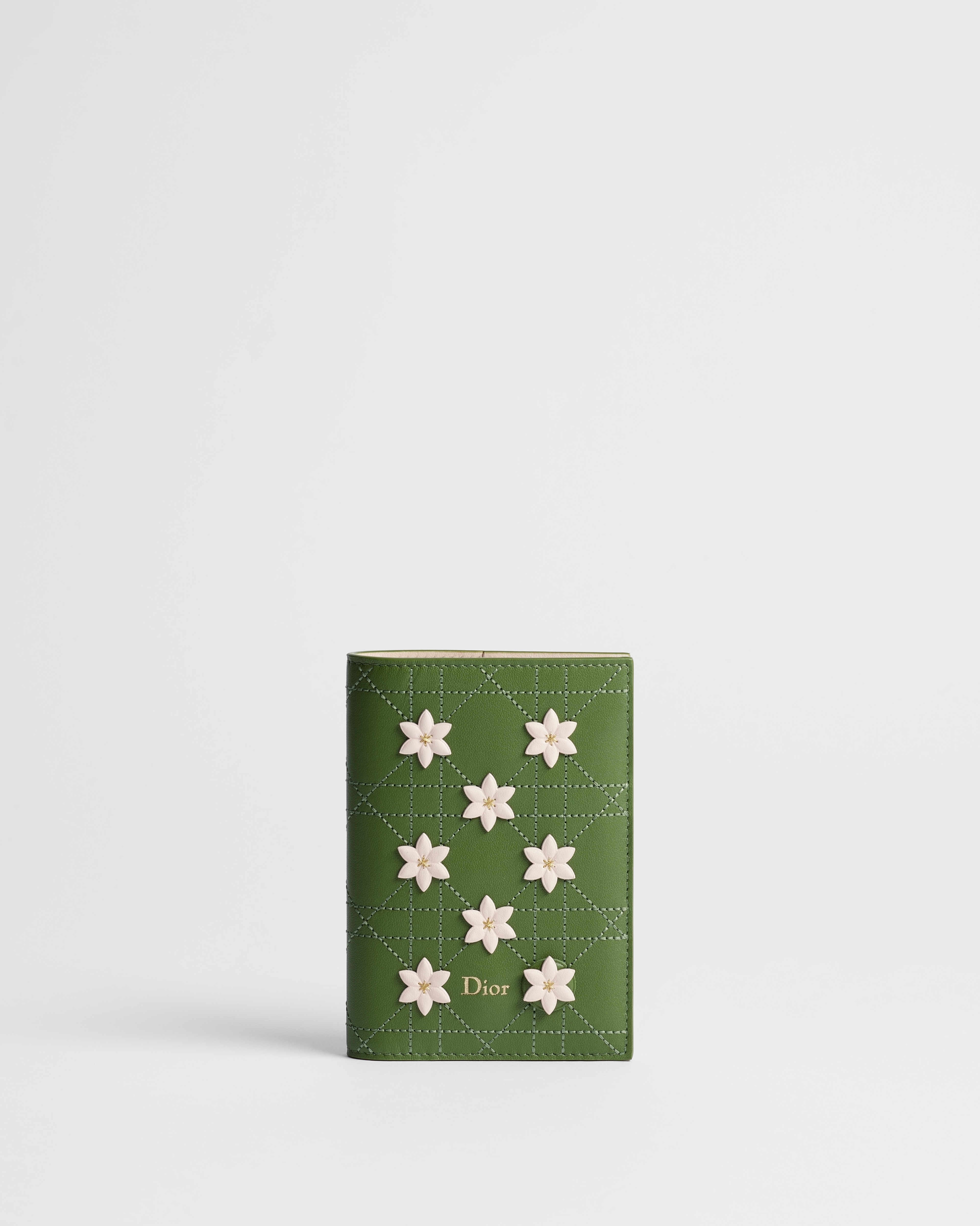 Custodia per passaporto Dior Jardin Pelle di agnello Cannage con ricamo Dior Water Lily verde e rosa Ballet E01