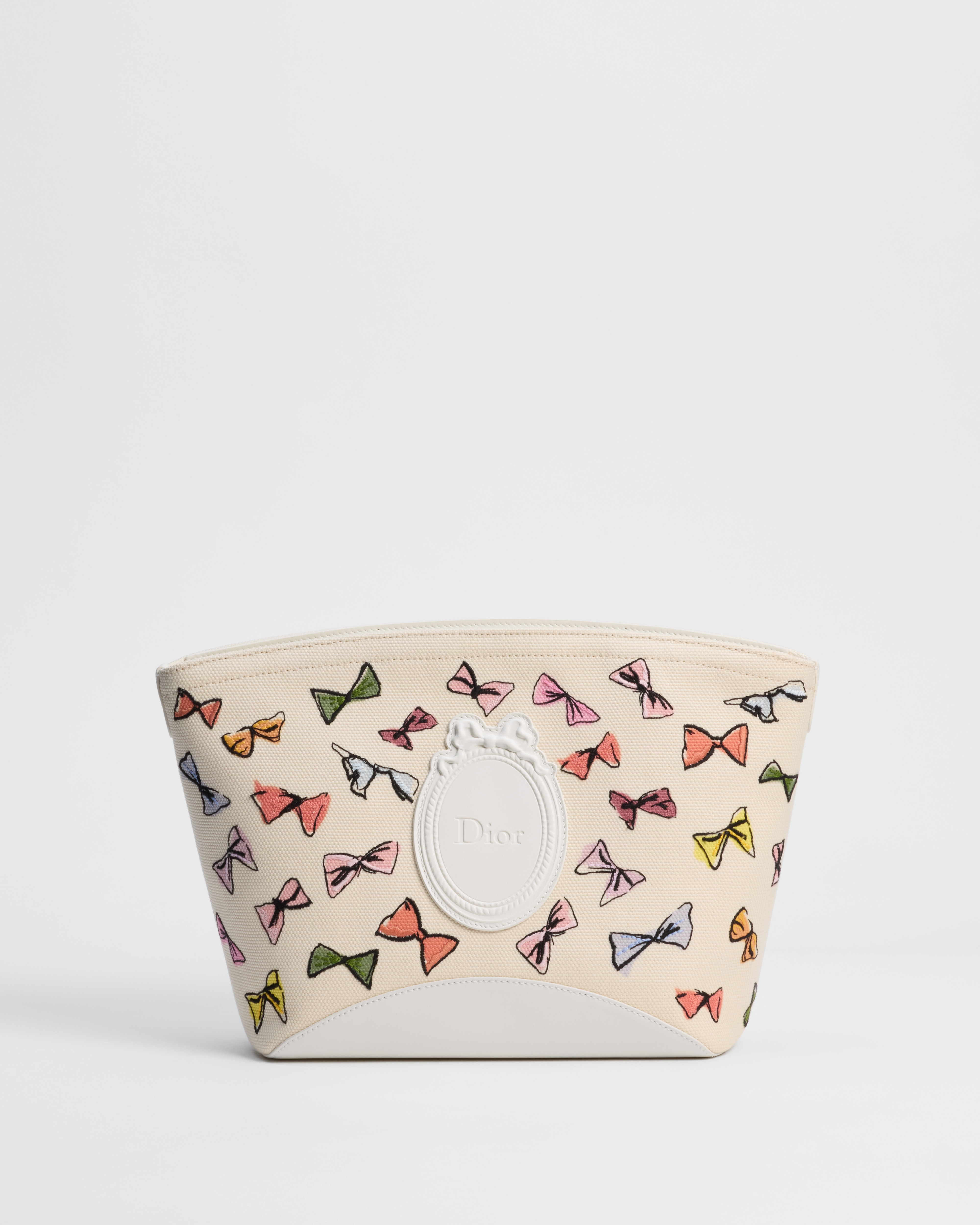 Grote Dioriviera Dior Blooming-pouch Wit katoen bedrukt en geborduurd met veelkleurig Dior Bows-motief en kalfsleer met ingeslagen Dior Médaillon E01