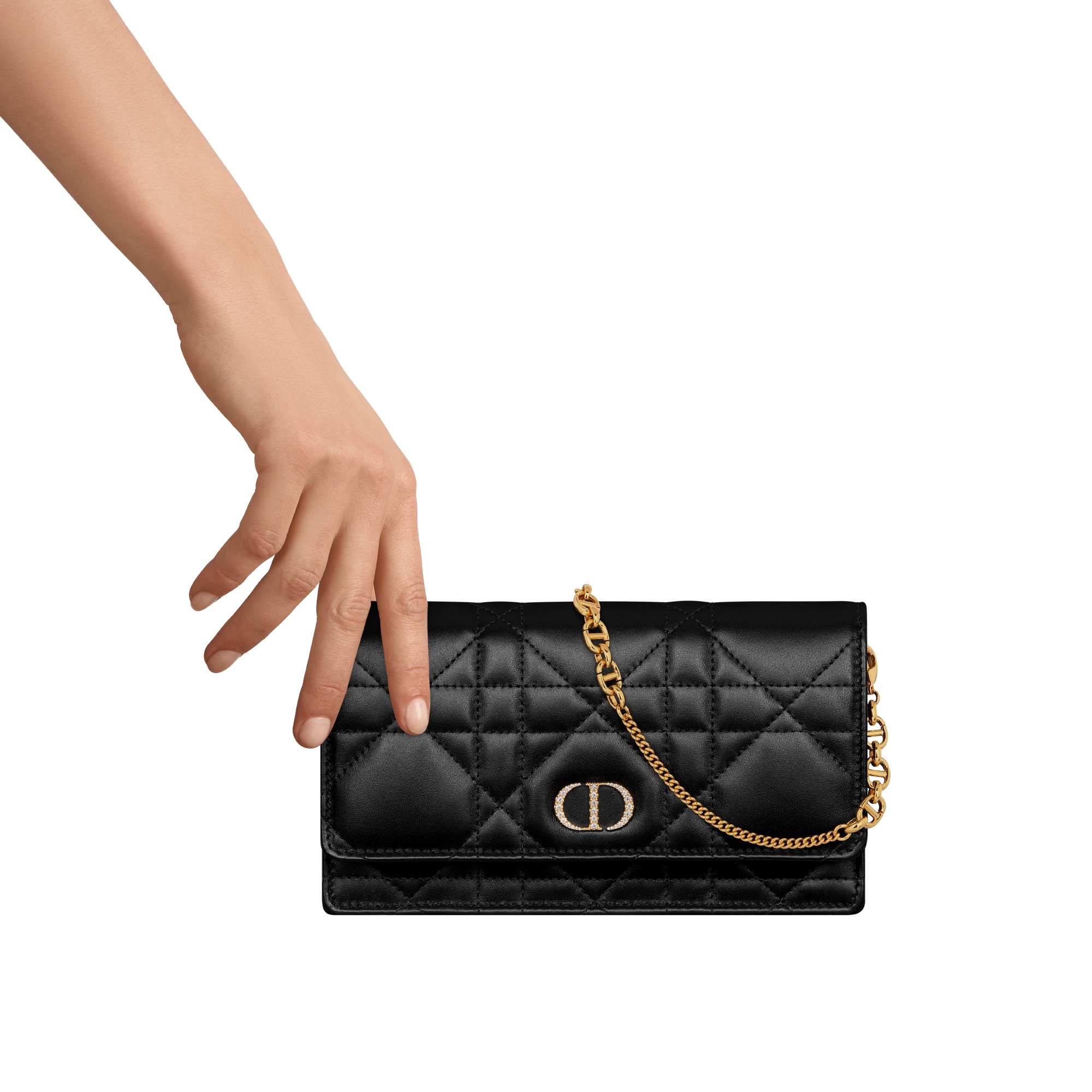 Dior Caro-pouch met ketting en kristallen Zwart lamsleer met Macrocannage-motief E11