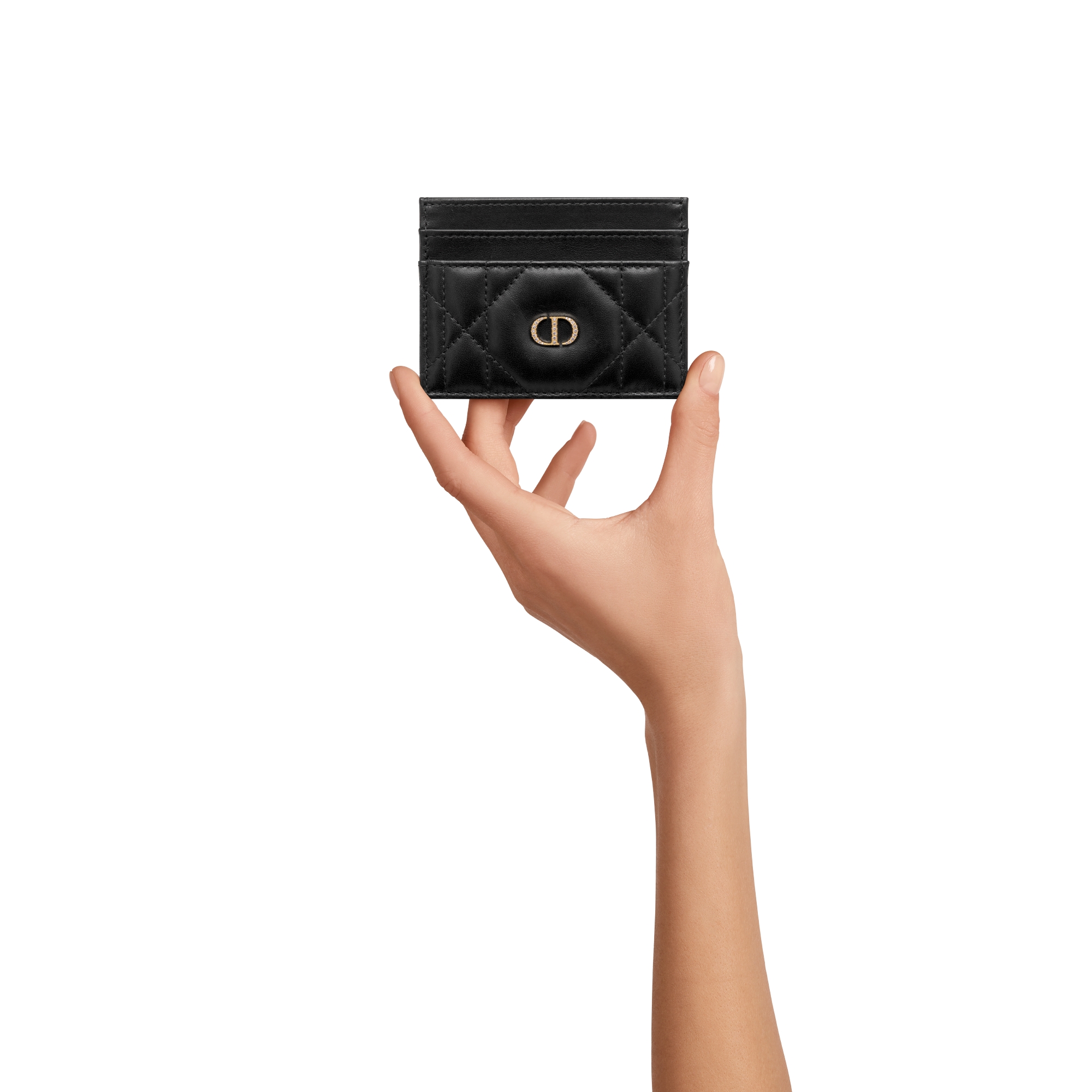크리스탈 장식 Dior Caro Freesia 카드 지갑 블랙 매크로까나쥬 양가죽 E11