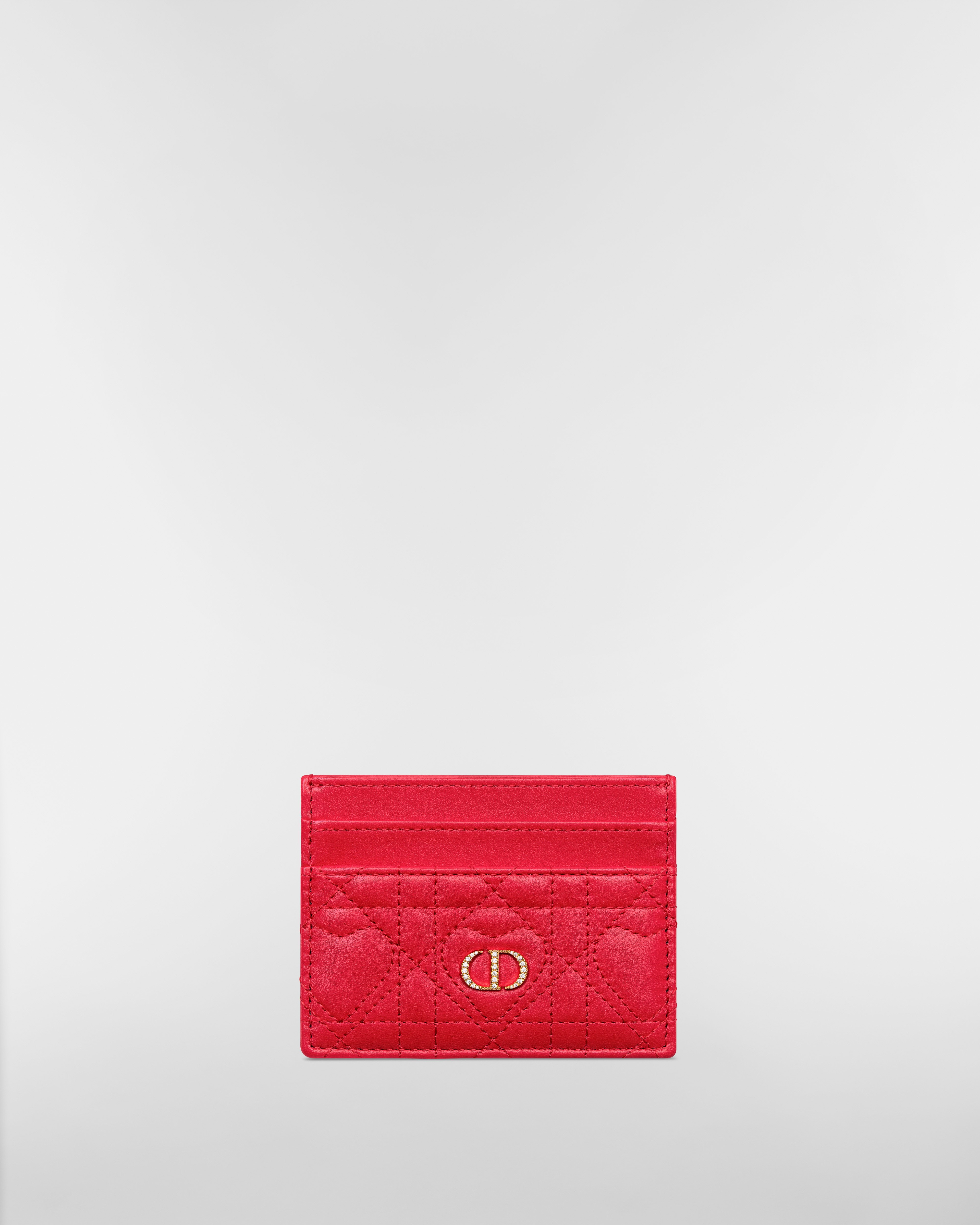 Portacarte Freesia Dior Caro Pelle di agnello Cannage rosso cardinale con motivo a cuori