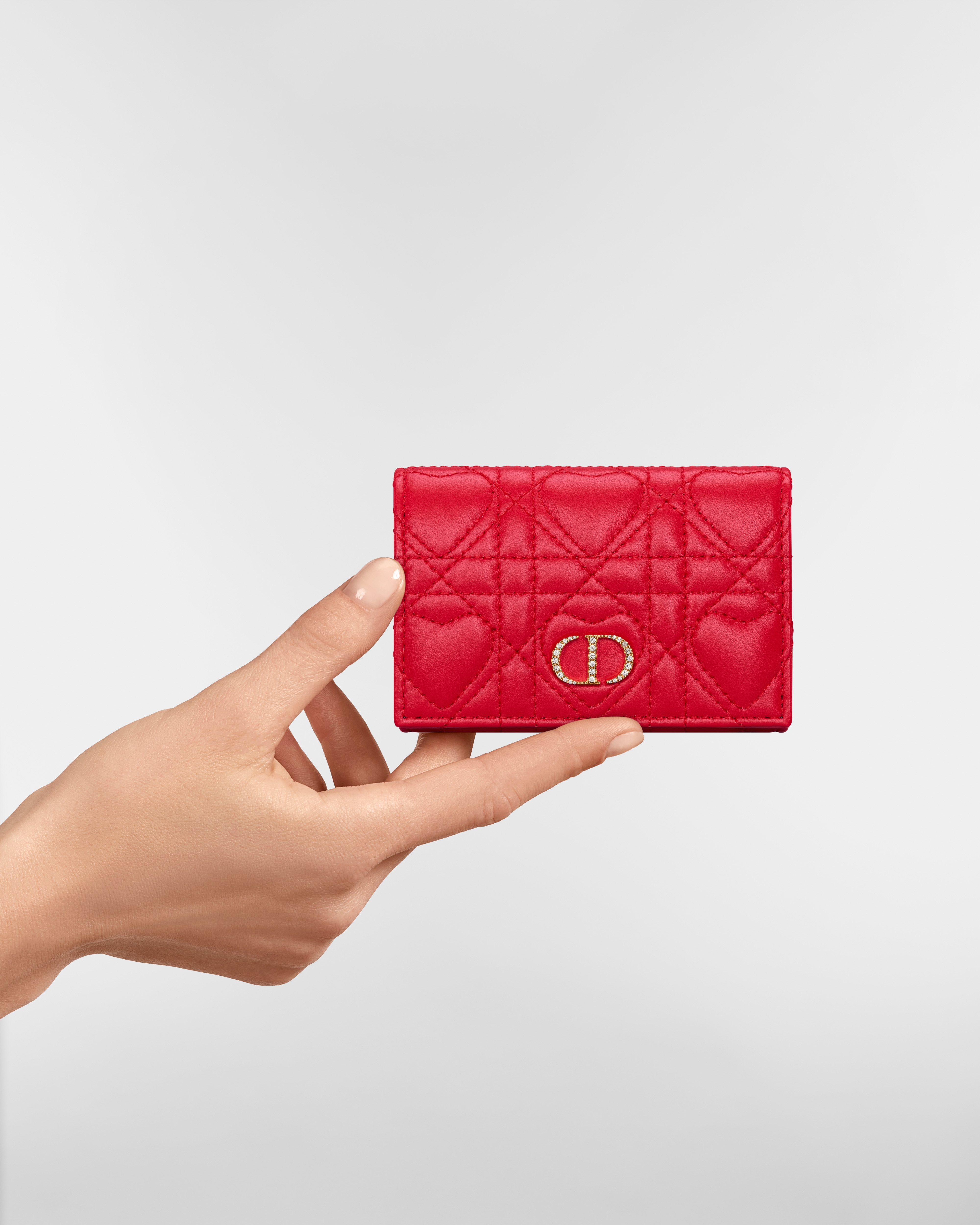 Portefeuille Glycine Dior Caro Cuir d'agneau Cannage à motif cœur rouge Monsignore E11